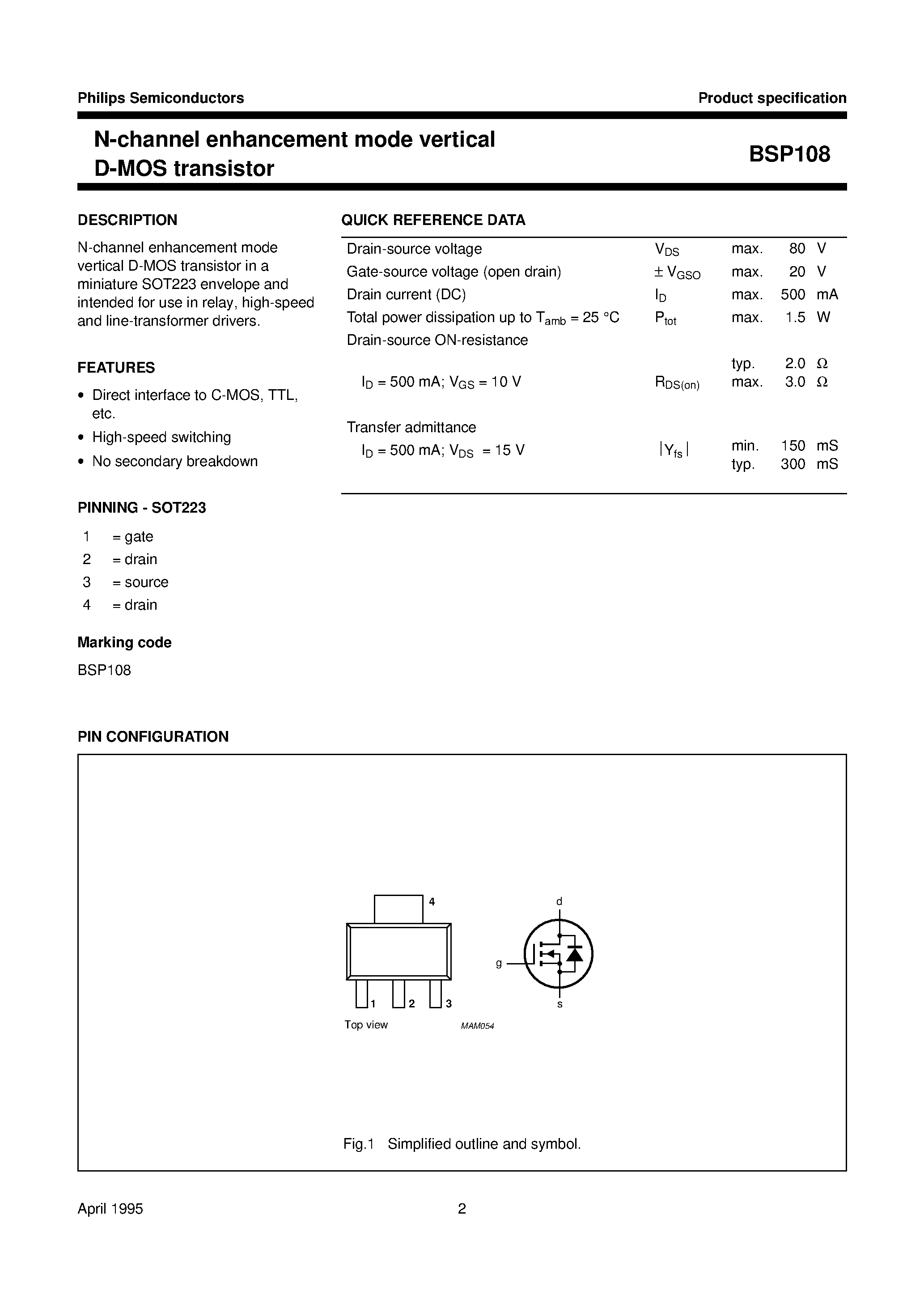 Даташит BSP108 - N-channel enhancement mode vertical D-MOS transistor страница 2