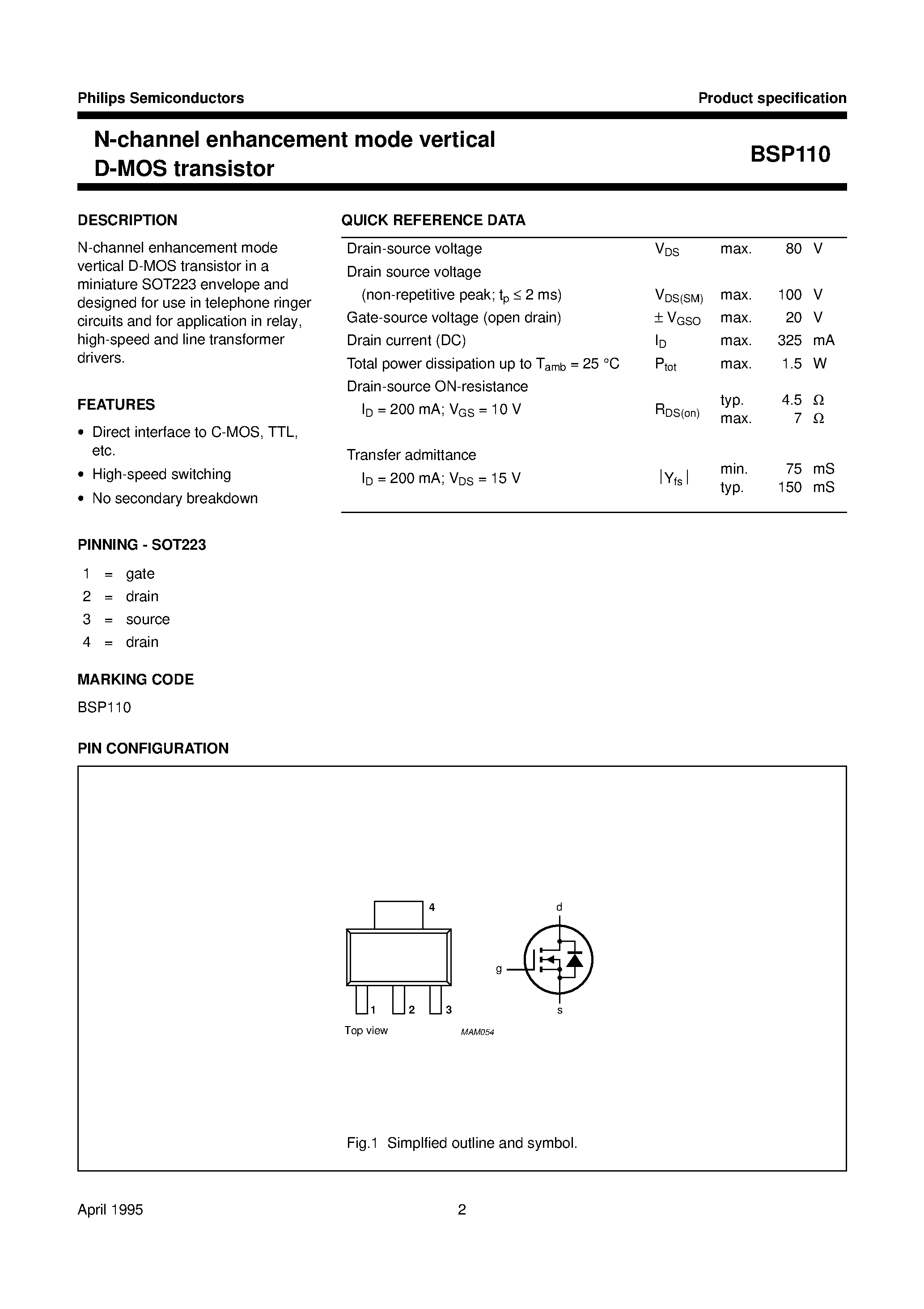 Даташит на микросхему BSP110 страница 2 Даташит BSP110 - N-channel enhancement mode vertical D-MOS transistor страница 2