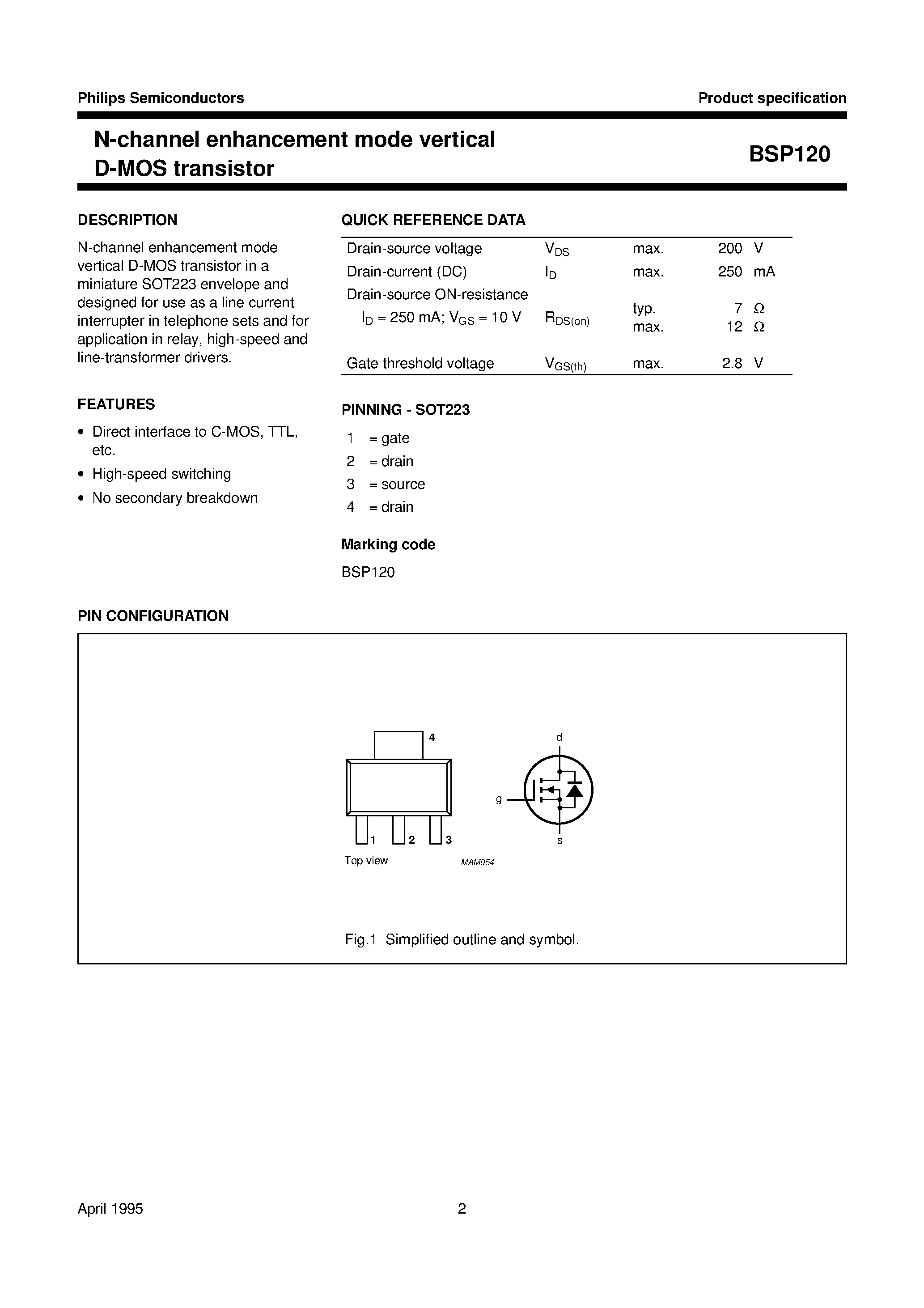 Даташит BSP120 - N-channel enhancement mode vertical D-MOS transistor страница 2