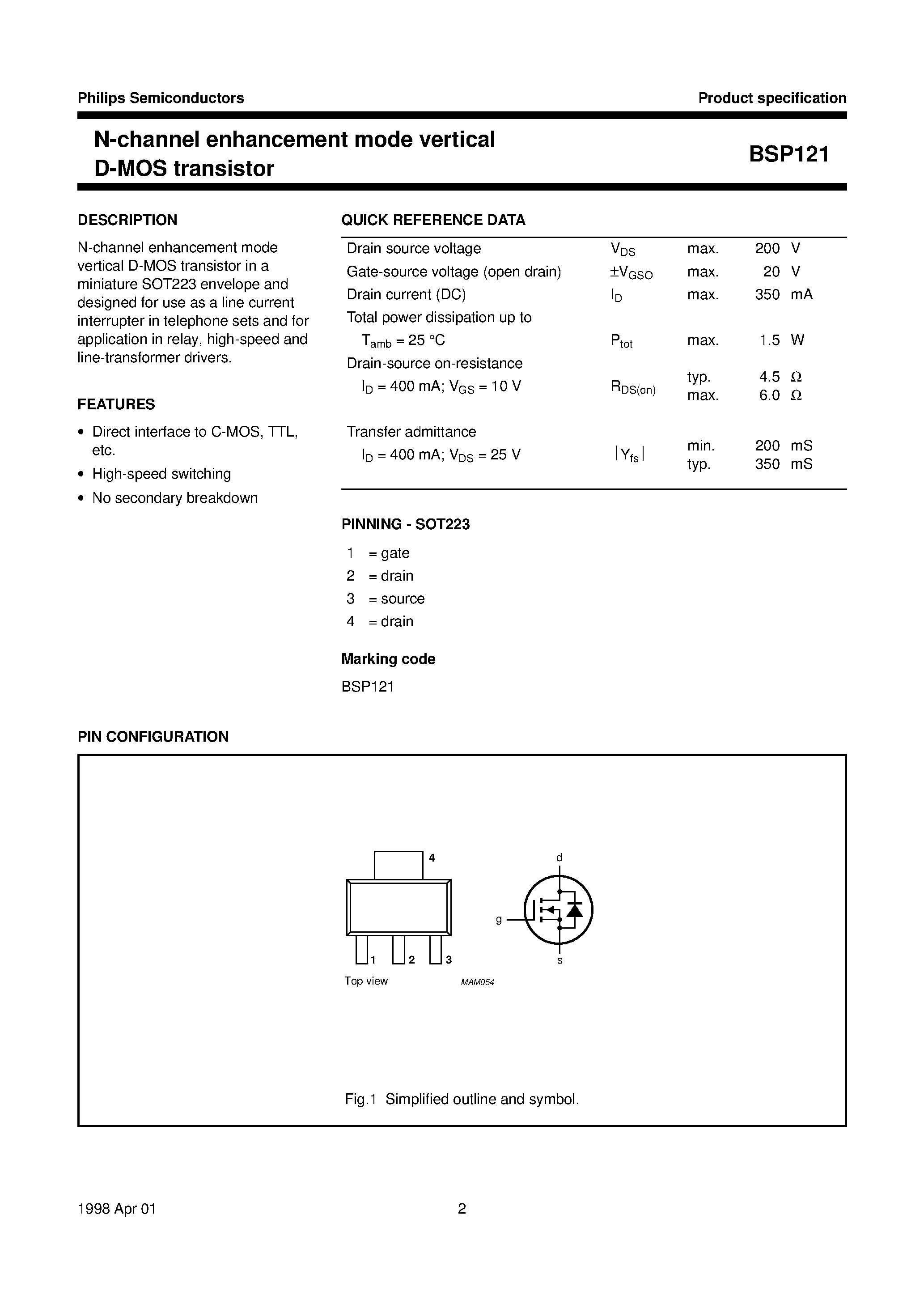 Даташит BSP121 - N-channel enhancement mode vertical D-MOS transistor страница 2