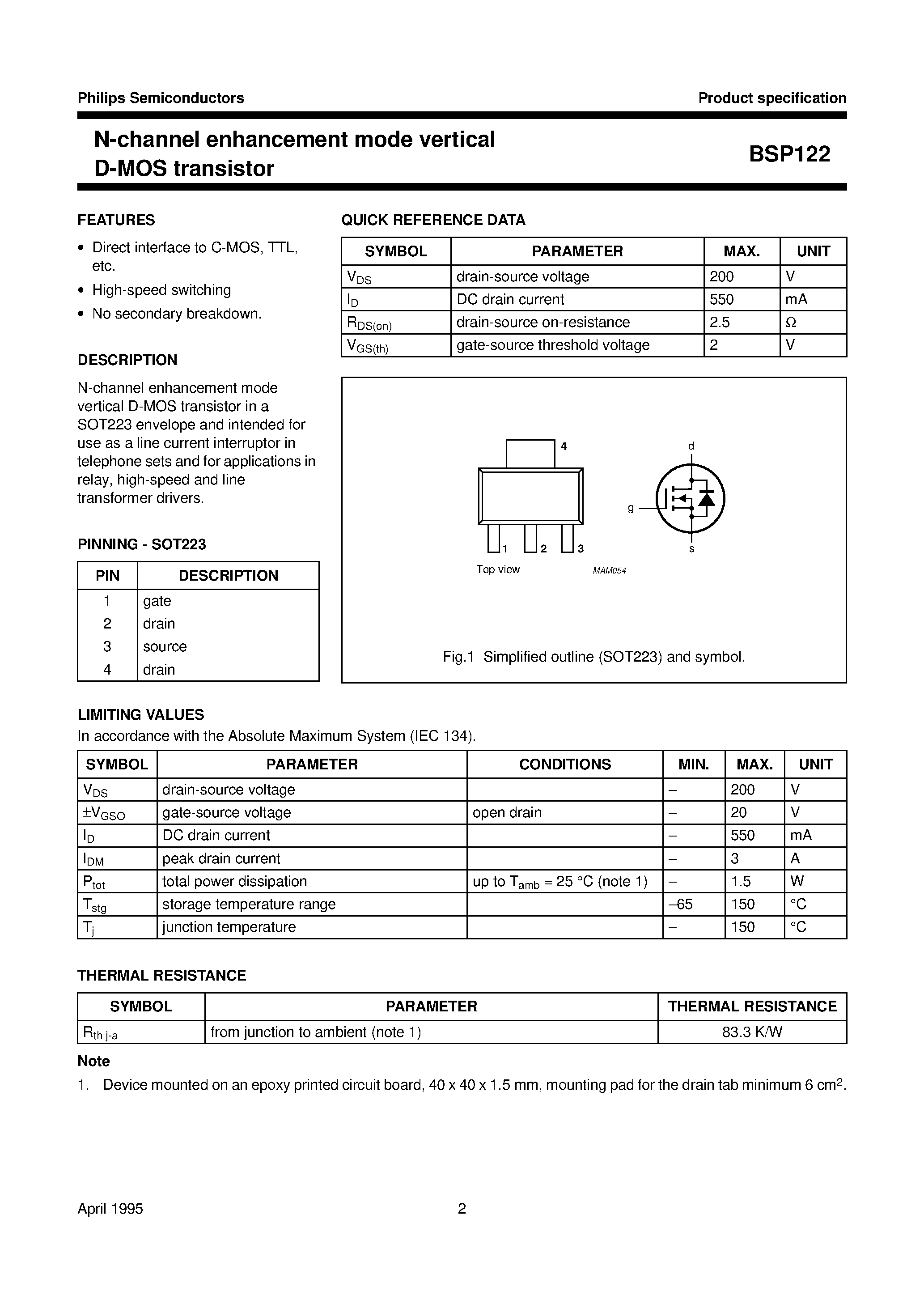 Даташит BSP122 - N-channel enhancement mode vertical D-MOS transistor страница 2