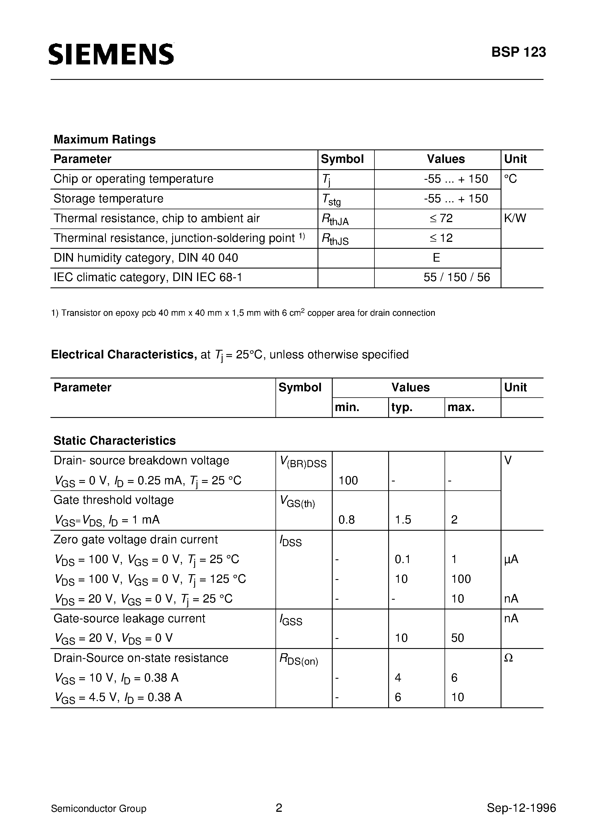 Datasheet BSP123 - SIPMOS Small-Signal Transistor (N channel Enhancement mode Logic Level) page 2