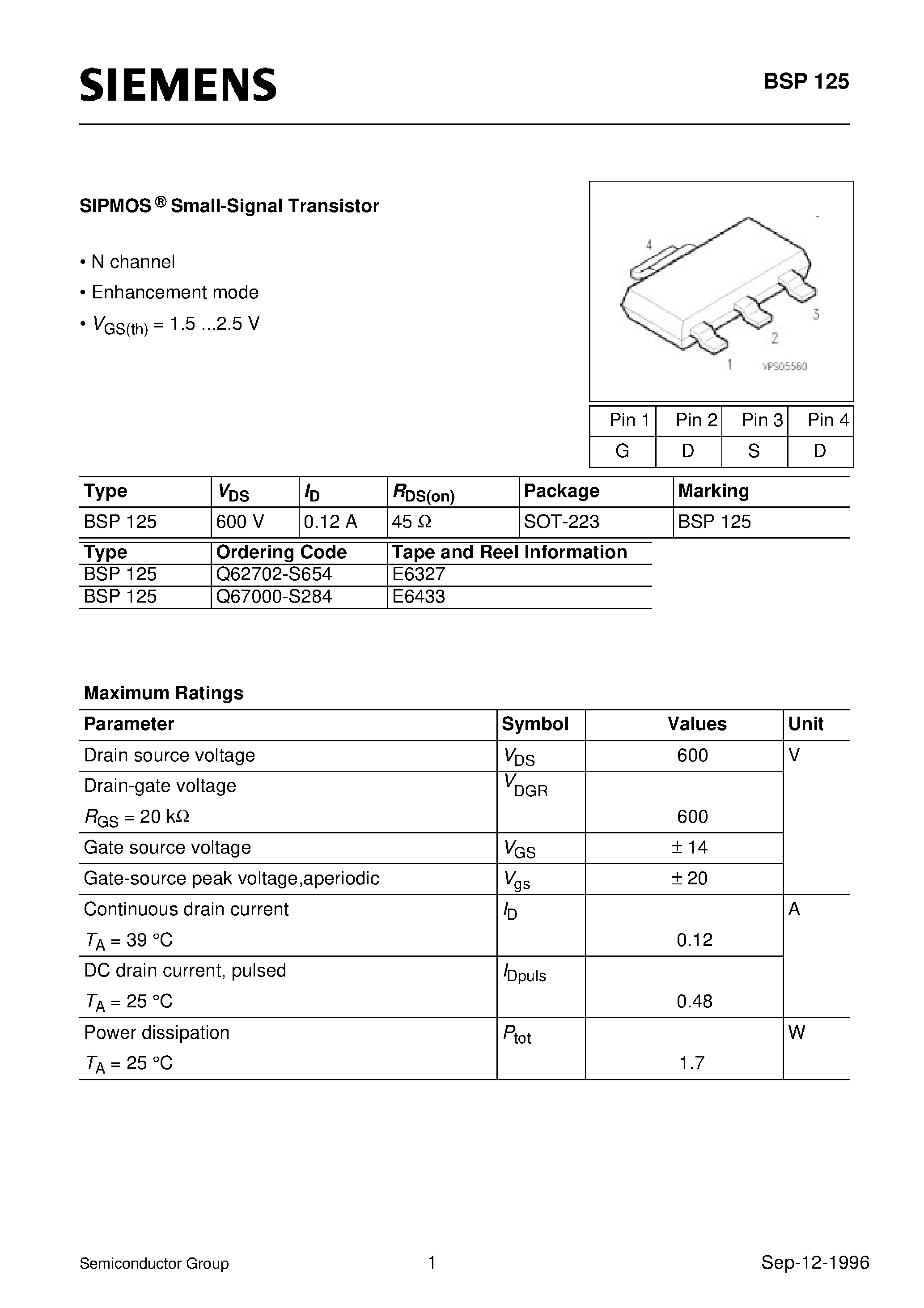 Datasheet BSP125 - SIPMOS Small-Signal Transistor (N channel Enhancement mode) page 1