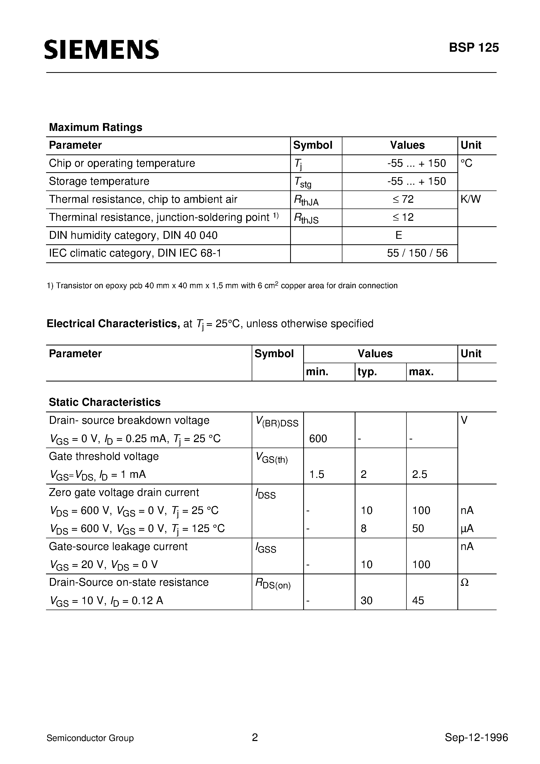 Datasheet BSP125 - SIPMOS Small-Signal Transistor (N channel Enhancement mode) page 2