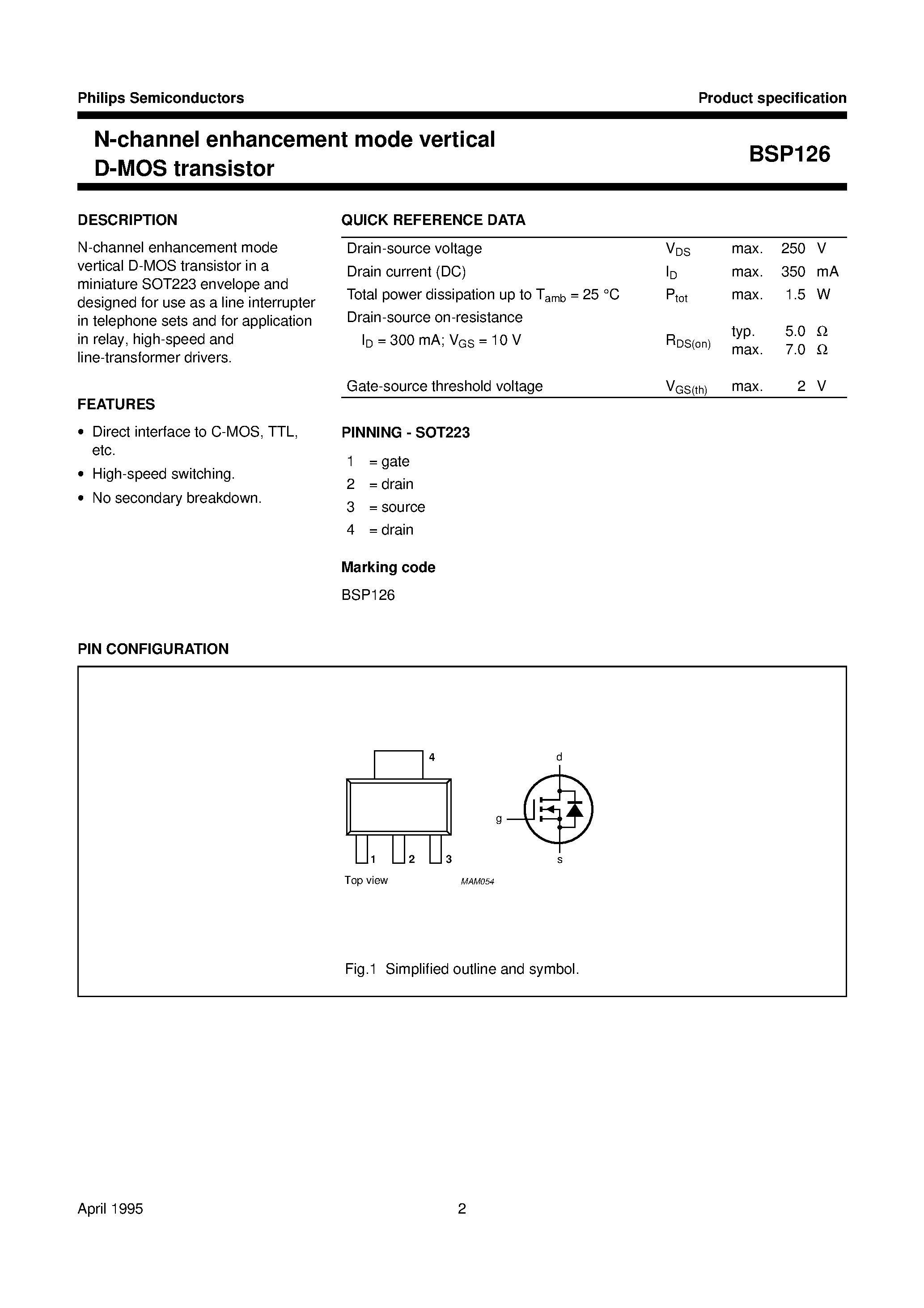 Даташит BSP126 - N-channel enhancement mode vertical D-MOS transistor страница 2