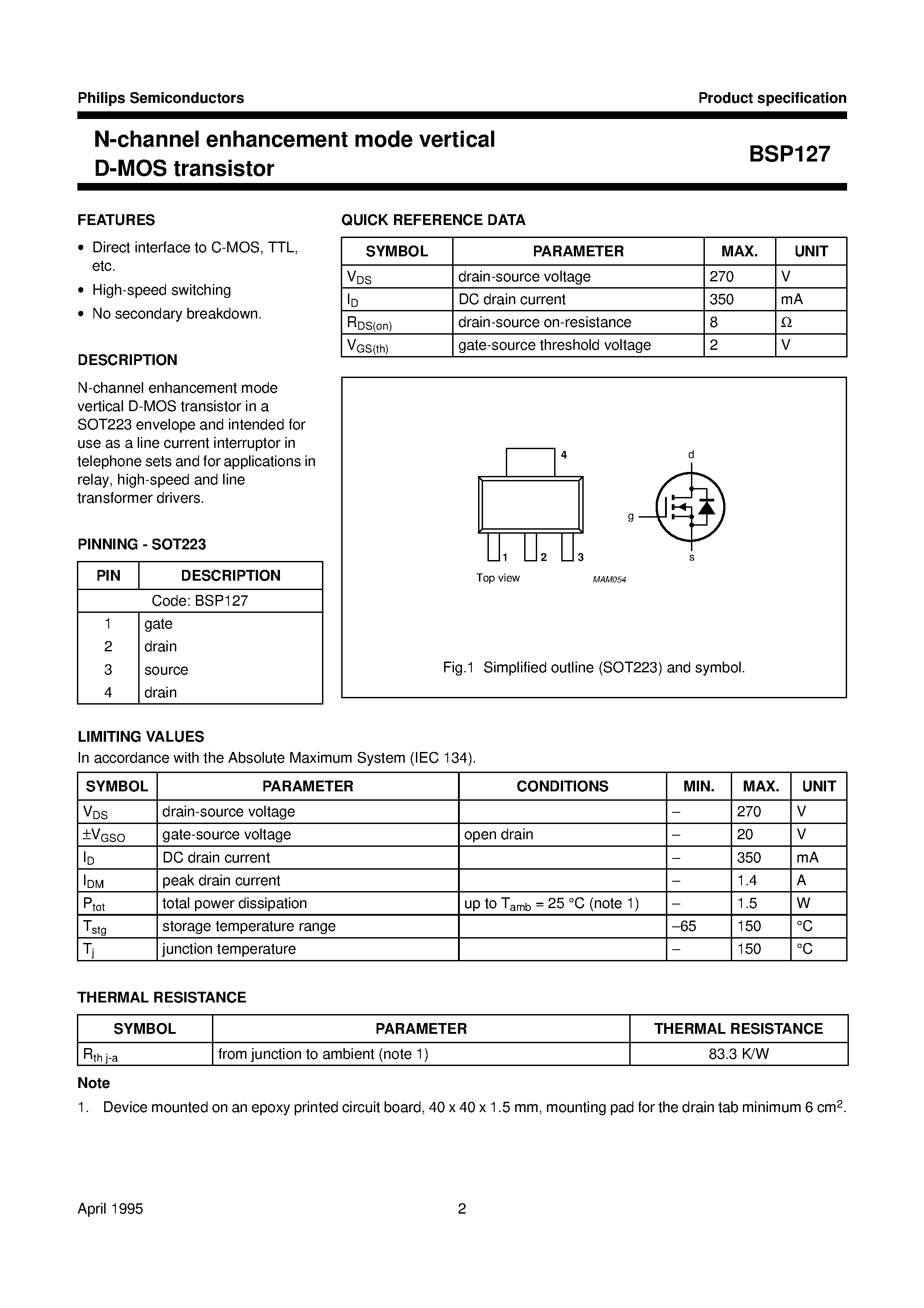 Даташит BSP127 - N-channel enhancement mode vertical D-MOS transistor страница 2