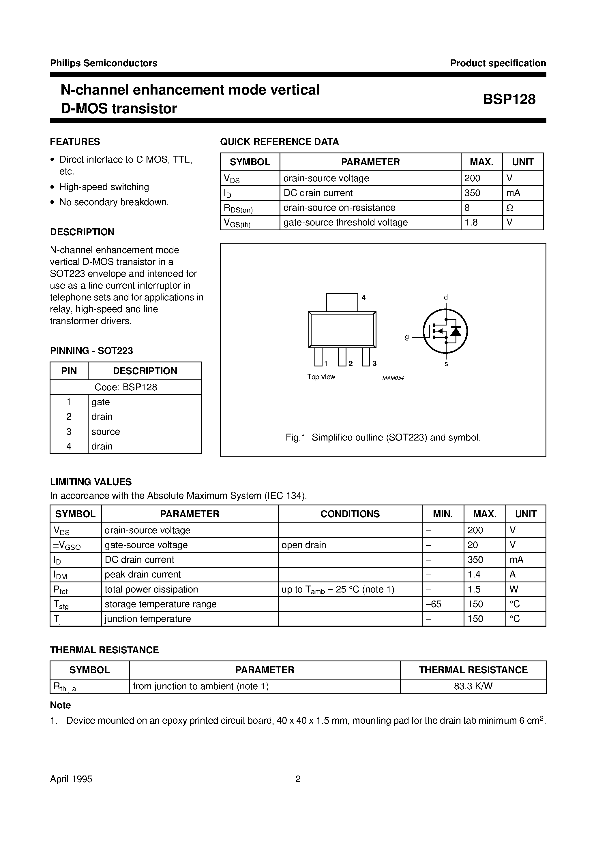 Даташит BSP128 - N-channel enhancement mode vertical D-MOS transistor страница 2