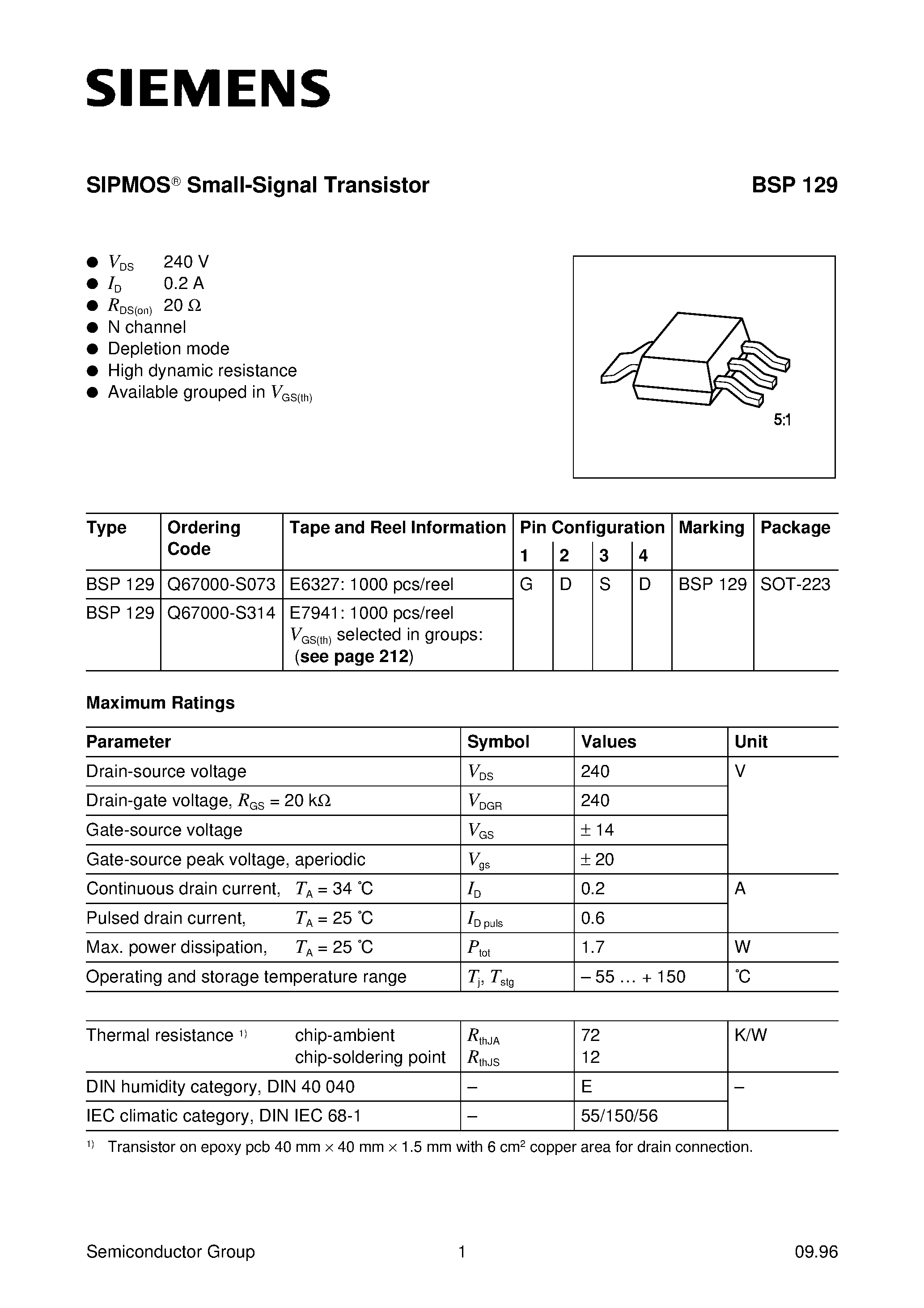 Datasheet BSP129 page 1 Datasheet BSP129 - SIPMOS Small-Signal Transistor (N channel Depletion mode High dynamic resistance) page 1