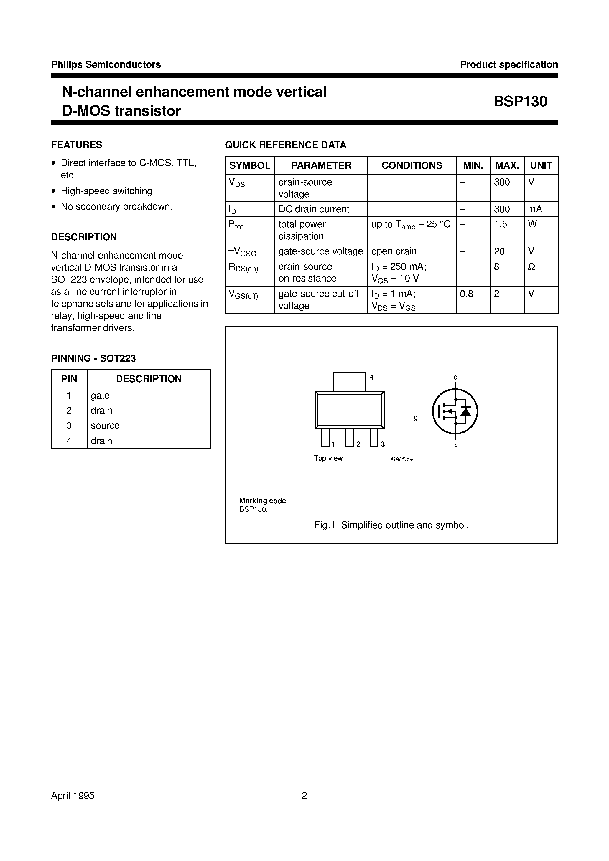 Даташит BSP130 - N-channel enhancement mode vertical D-MOS transistor страница 2