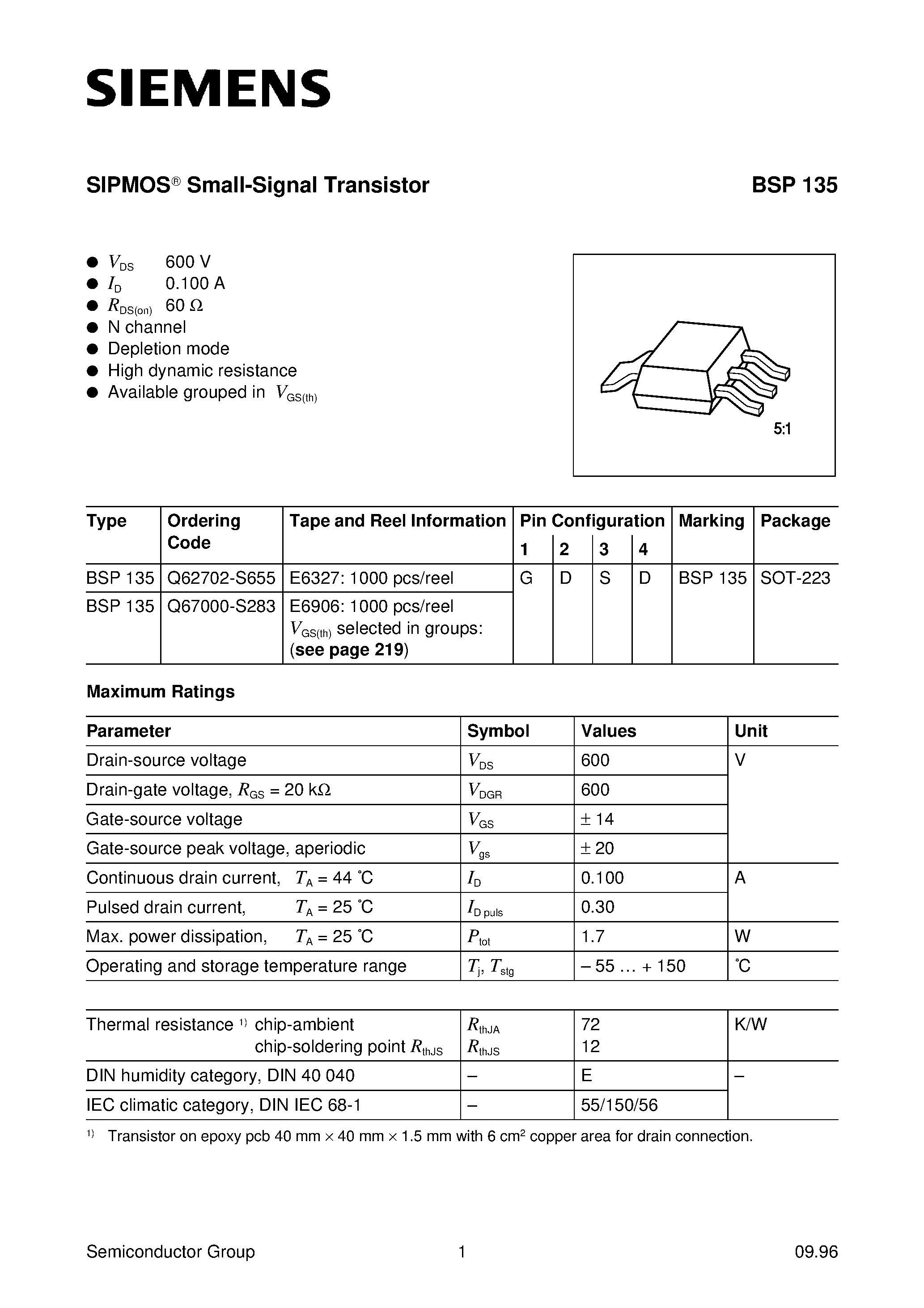 Datasheet BSP135 page 1 Datasheet BSP135 - SIPMOS Small-Signal Transistor (N channel Depletion mode High dynamic resistance) page 1