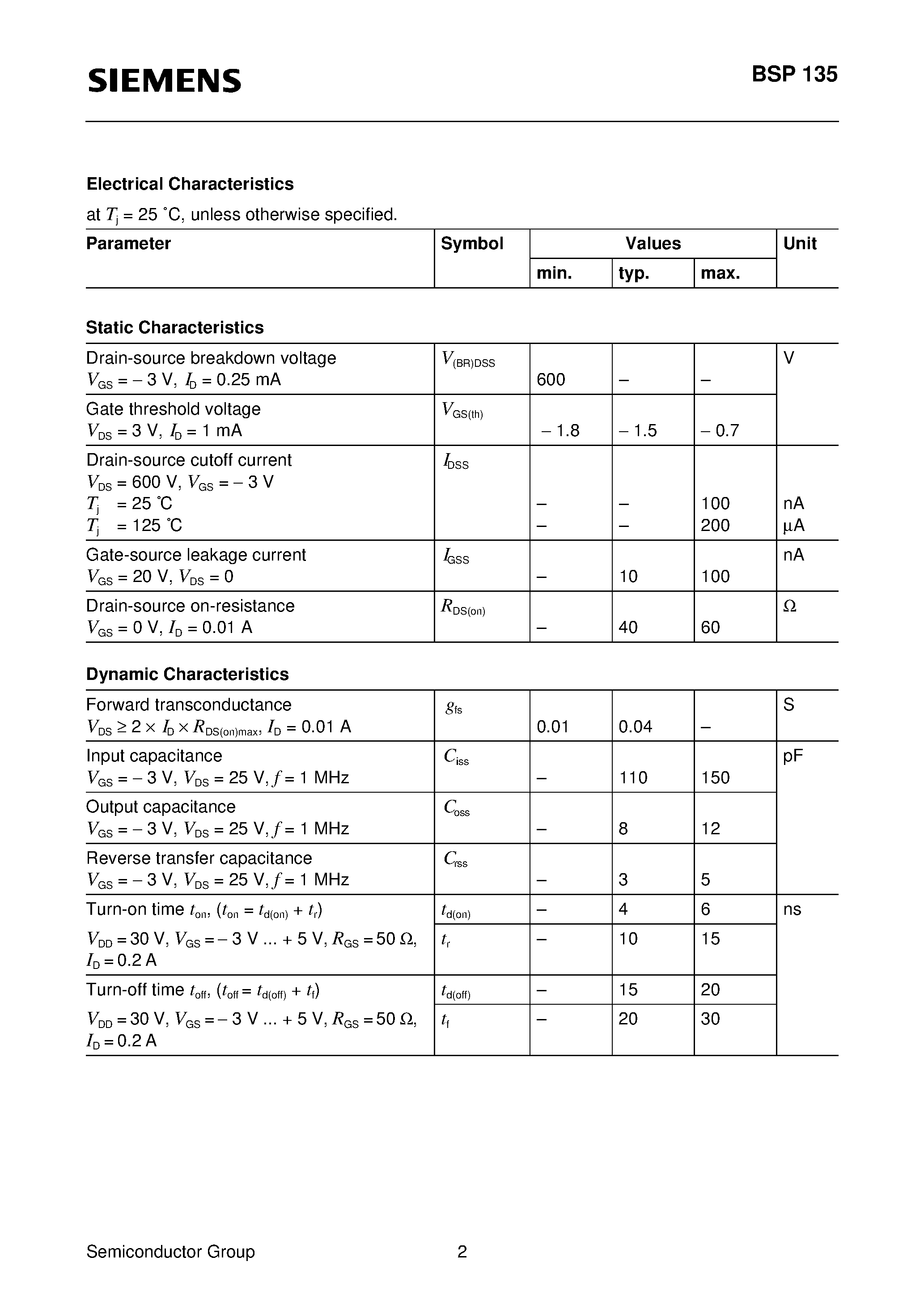 Datasheet BSP135 page 2 Datasheet BSP135 - SIPMOS Small-Signal Transistor (N channel Depletion mode High dynamic resistance) page 2