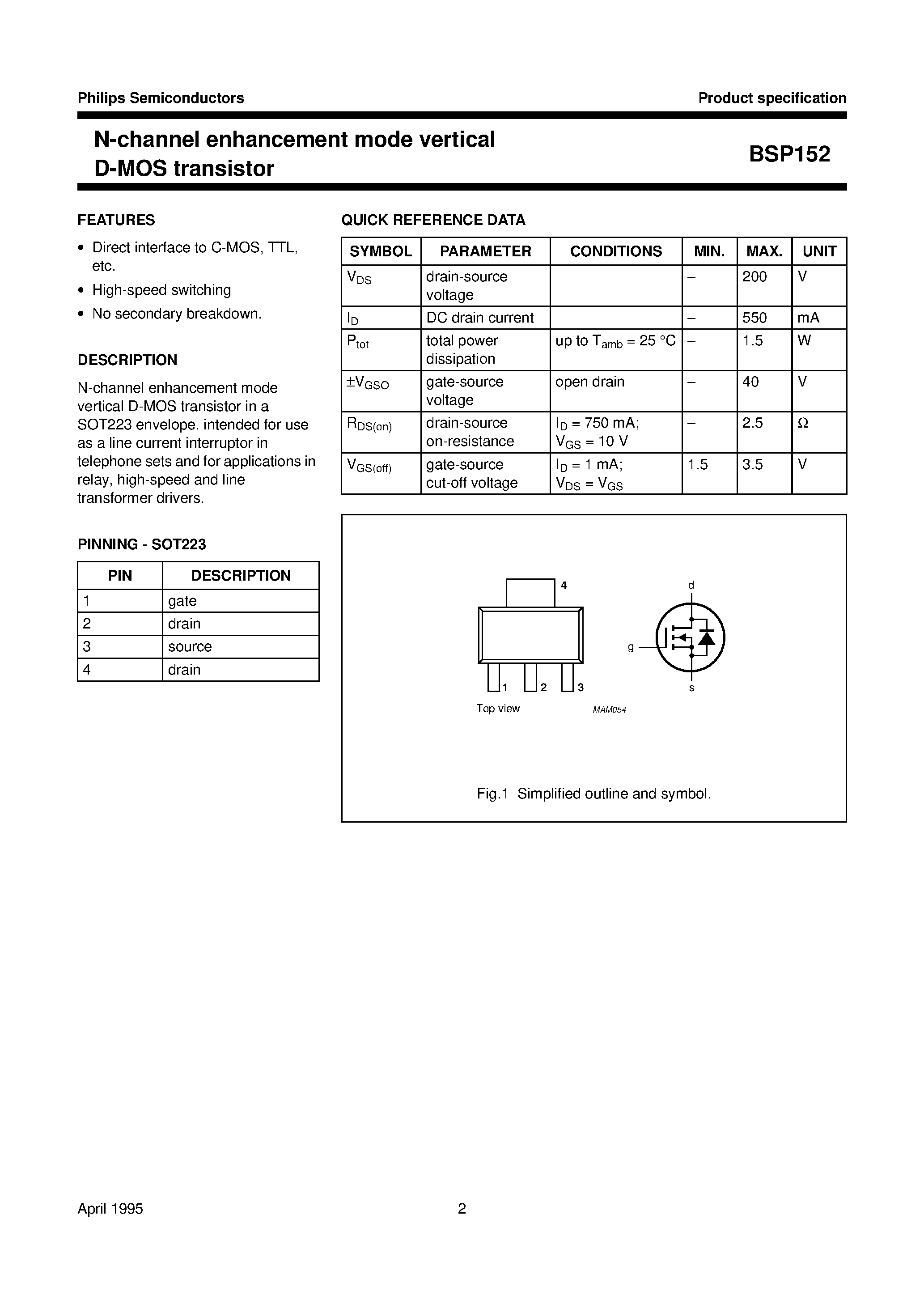 Даташит на микросхему BSP152 страница 2 Даташит BSP152 - N-channel enhancement mode vertical D-MOS transistor страница 2