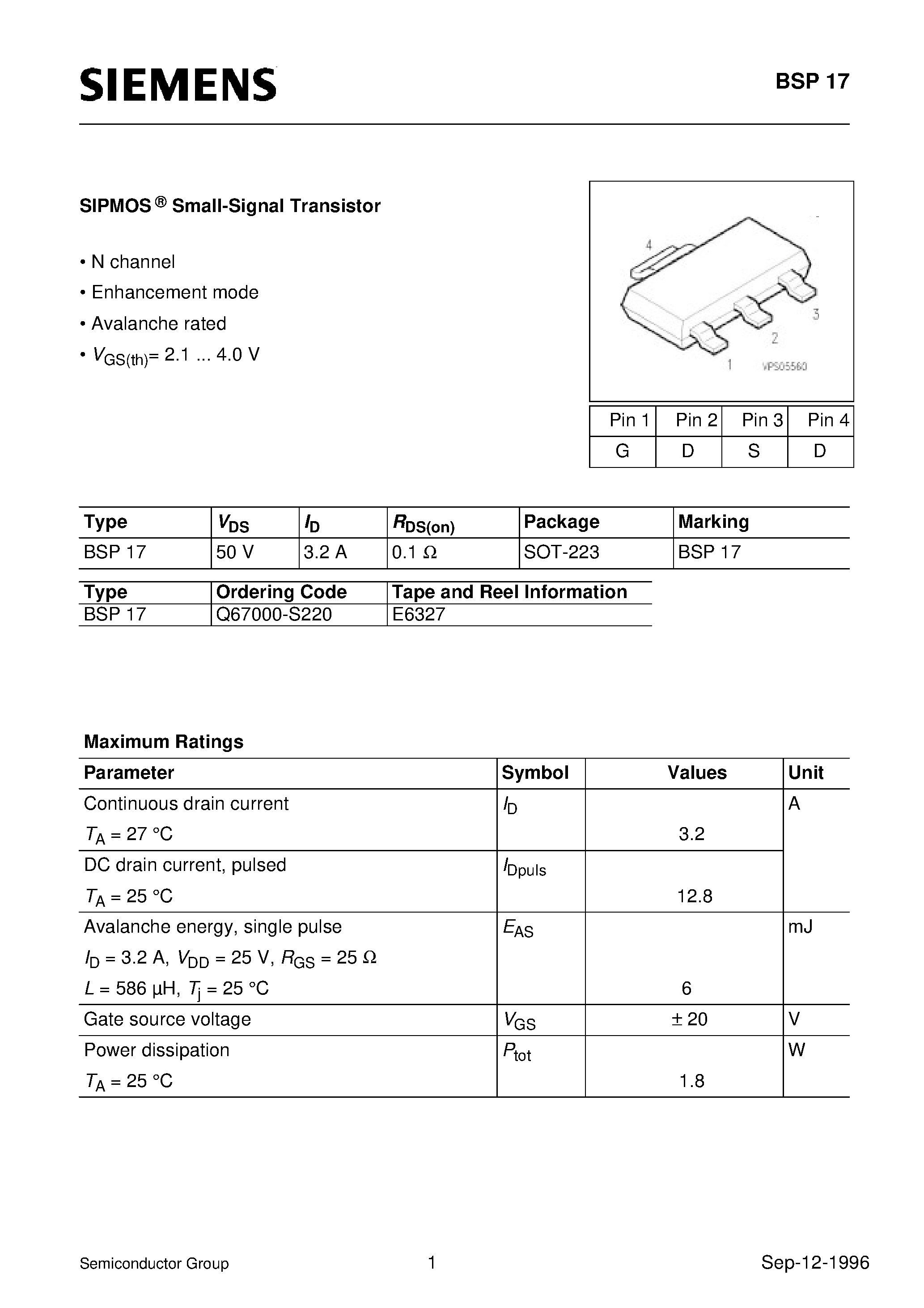 Datasheet BSP17 - SIPMOS Small-Signal Transistor (N channel Enhancement mode Avalanche rated) page 1