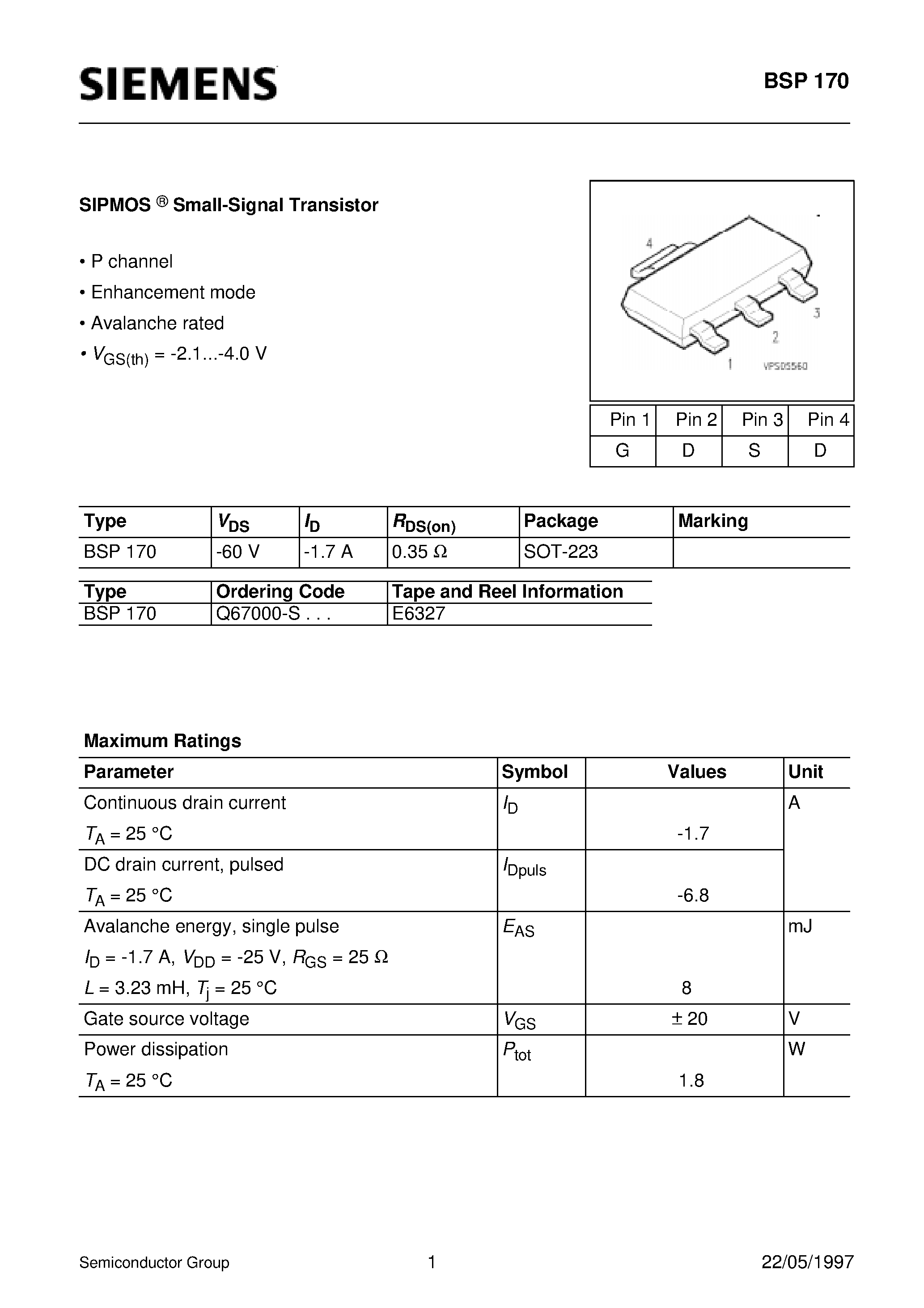 Даташит BSP170 - SIPMOS Small-Signal Transistor (P channel Enhancement mode Avalanche rated) страница 1