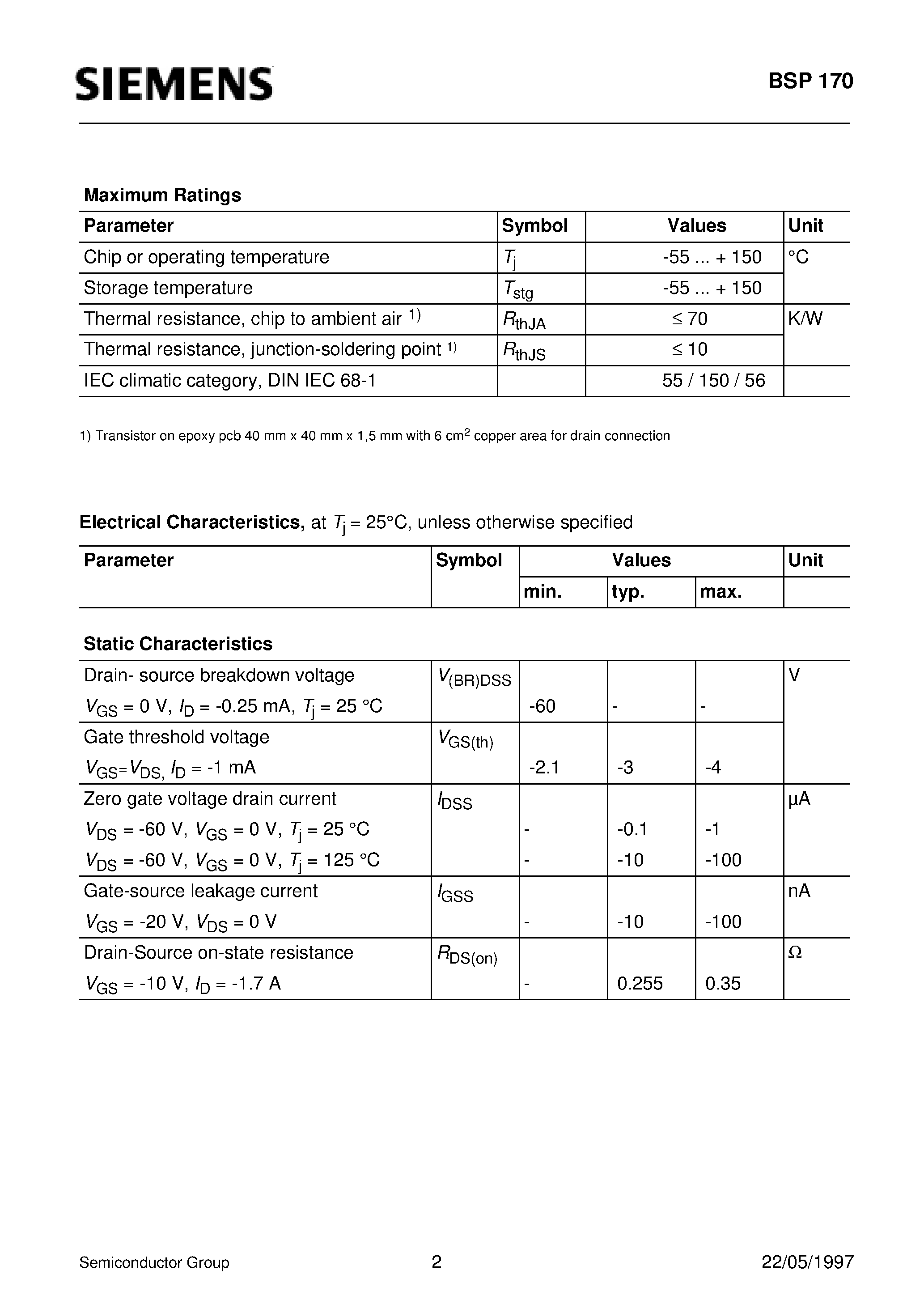 Даташит BSP170 - SIPMOS Small-Signal Transistor (P channel Enhancement mode Avalanche rated) страница 2