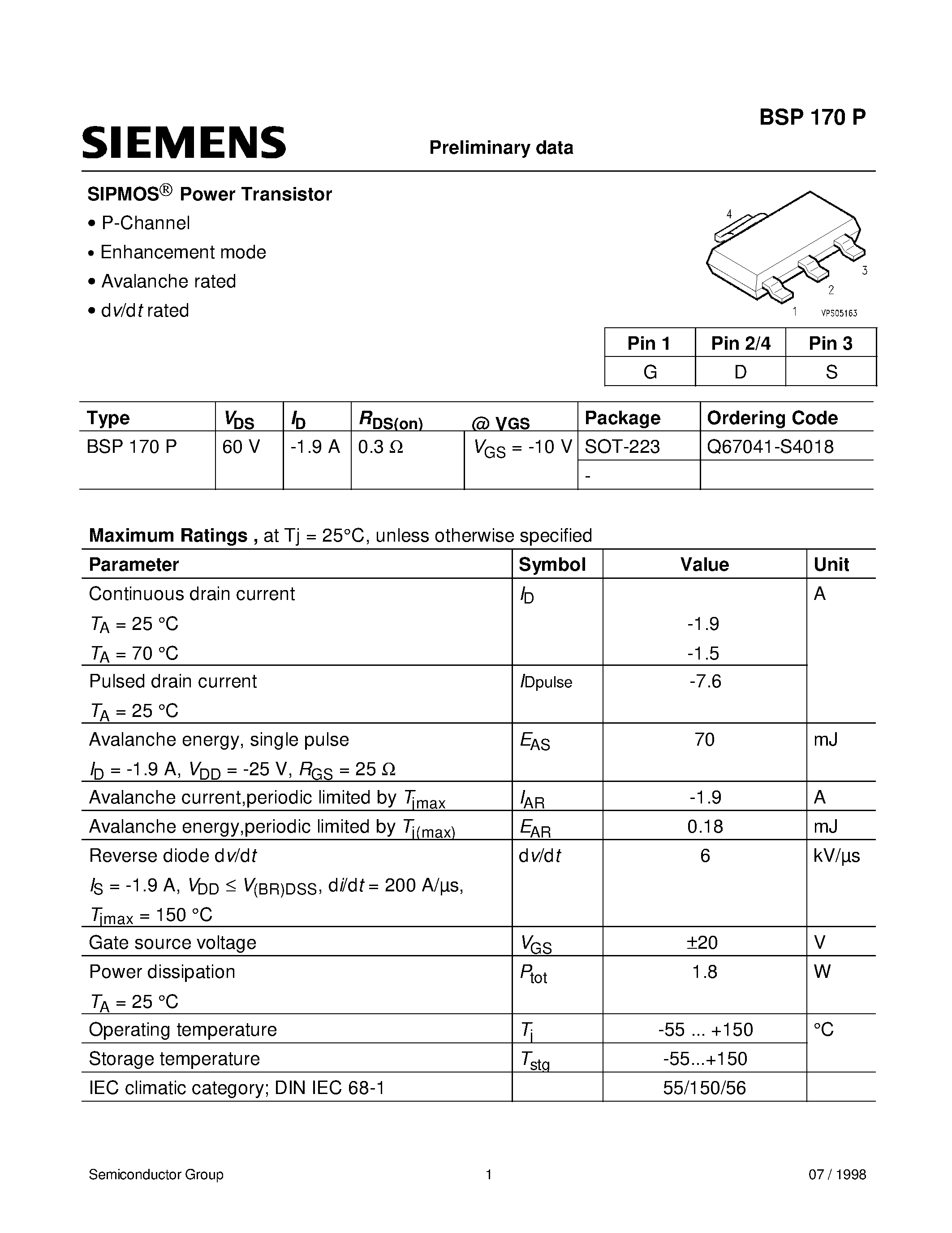 Даташит BSP170P - SIPMOS Power Transistor (P-Channel Enhancement mode Avalanche rated dv/dt rated) страница 1