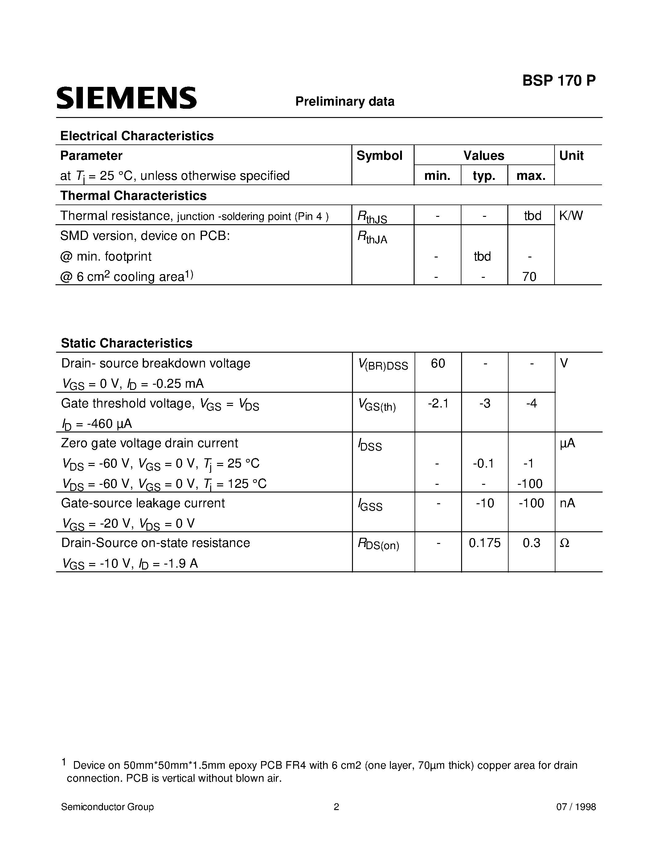 Даташит BSP170P - SIPMOS Power Transistor (P-Channel Enhancement mode Avalanche rated dv/dt rated) страница 2