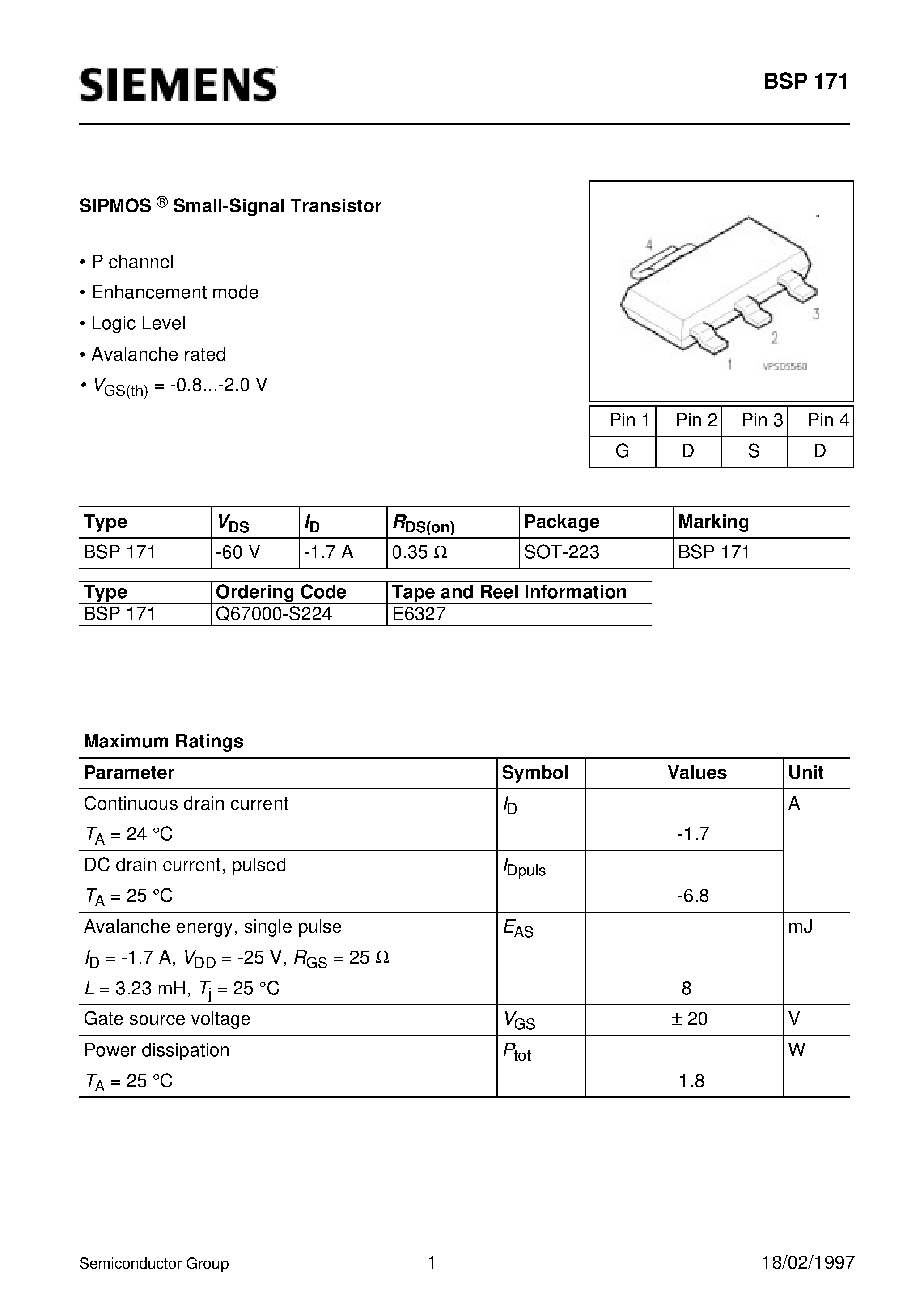 Даташит BSP171 - SIPMOS Small-Signal Transistor (P channel Enhancement mode Logic Level Avalanche rated) страница 1
