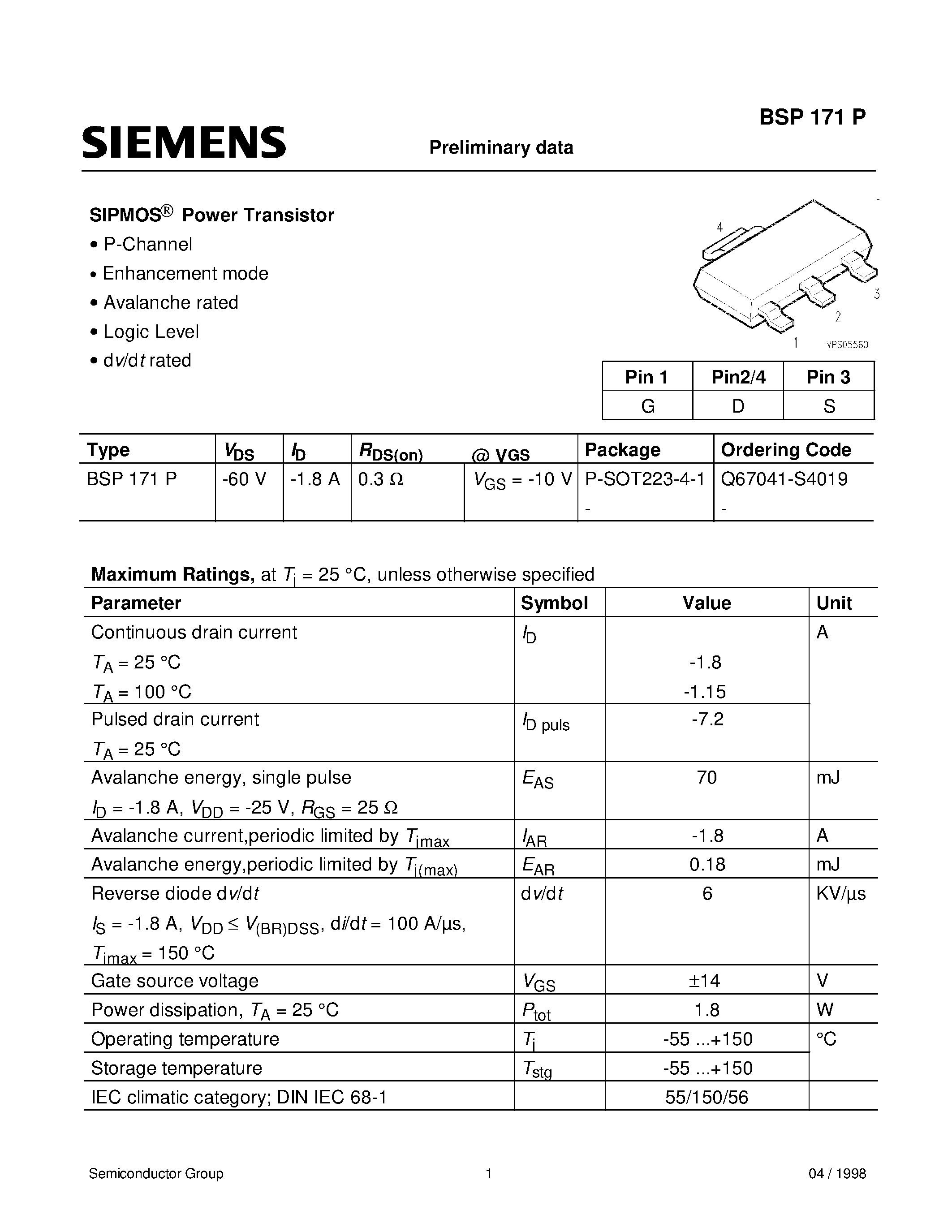 Datasheet BSP171P page 1 Datasheet BSP171P - SIPMOS Power Transistor (P-Channel Enhancement mode Avalanche rated Logic Level dv/dt rated) page 1