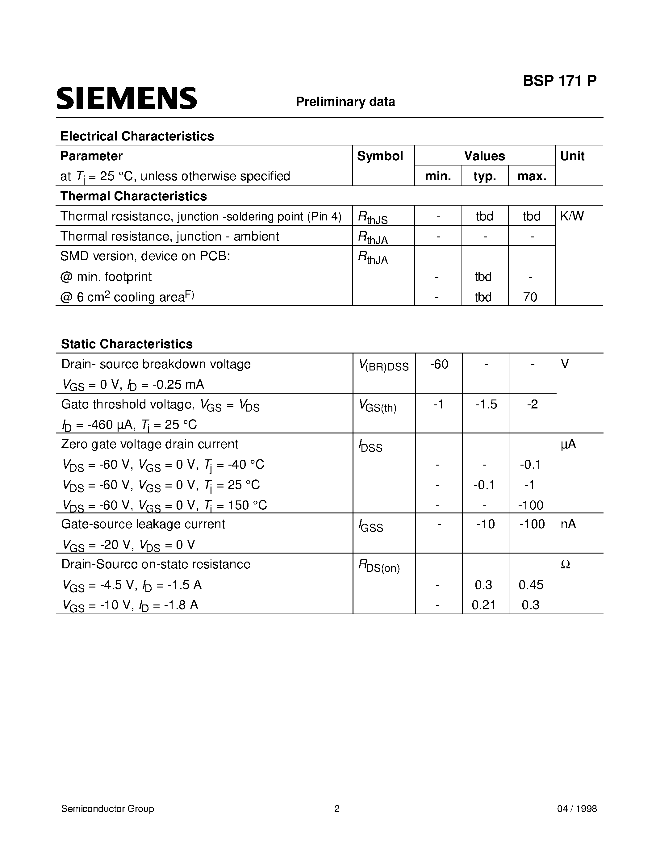 Datasheet BSP171P page 2 Datasheet BSP171P - SIPMOS Power Transistor (P-Channel Enhancement mode Avalanche rated Logic Level dv/dt rated) page 2