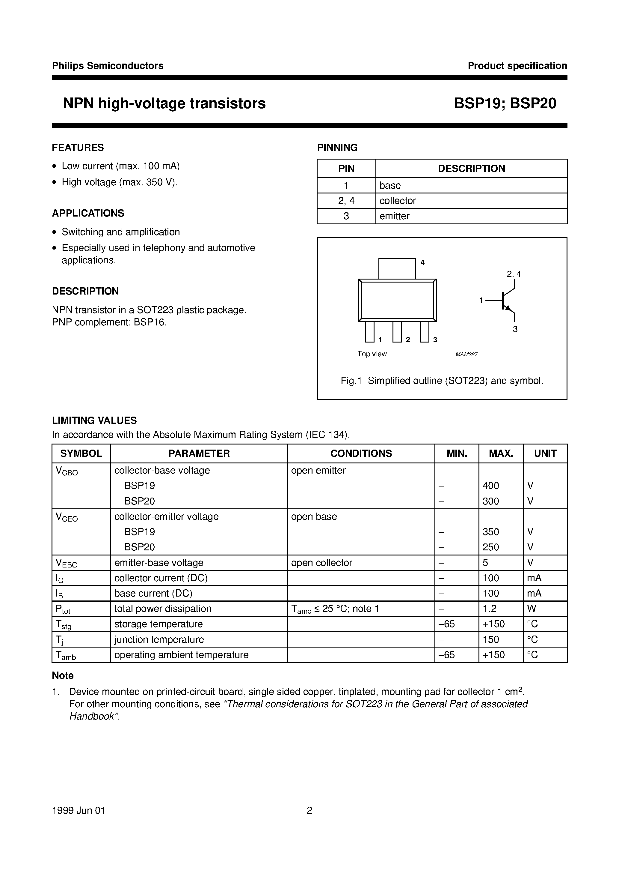 Даташит BSP19 - NPN high-voltage transistors страница 2