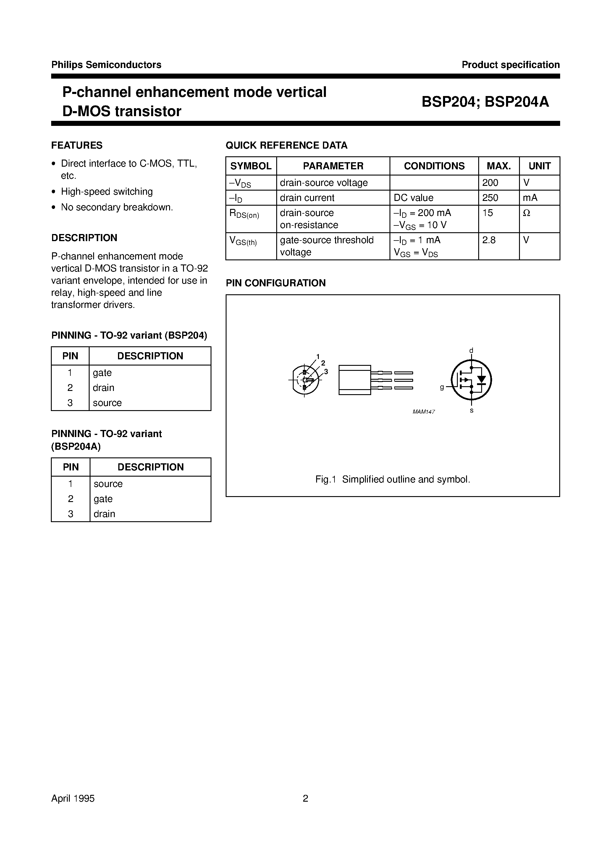 Даташит BSP204 - P-channel enhancement mode vertical D-MOS transistor страница 2