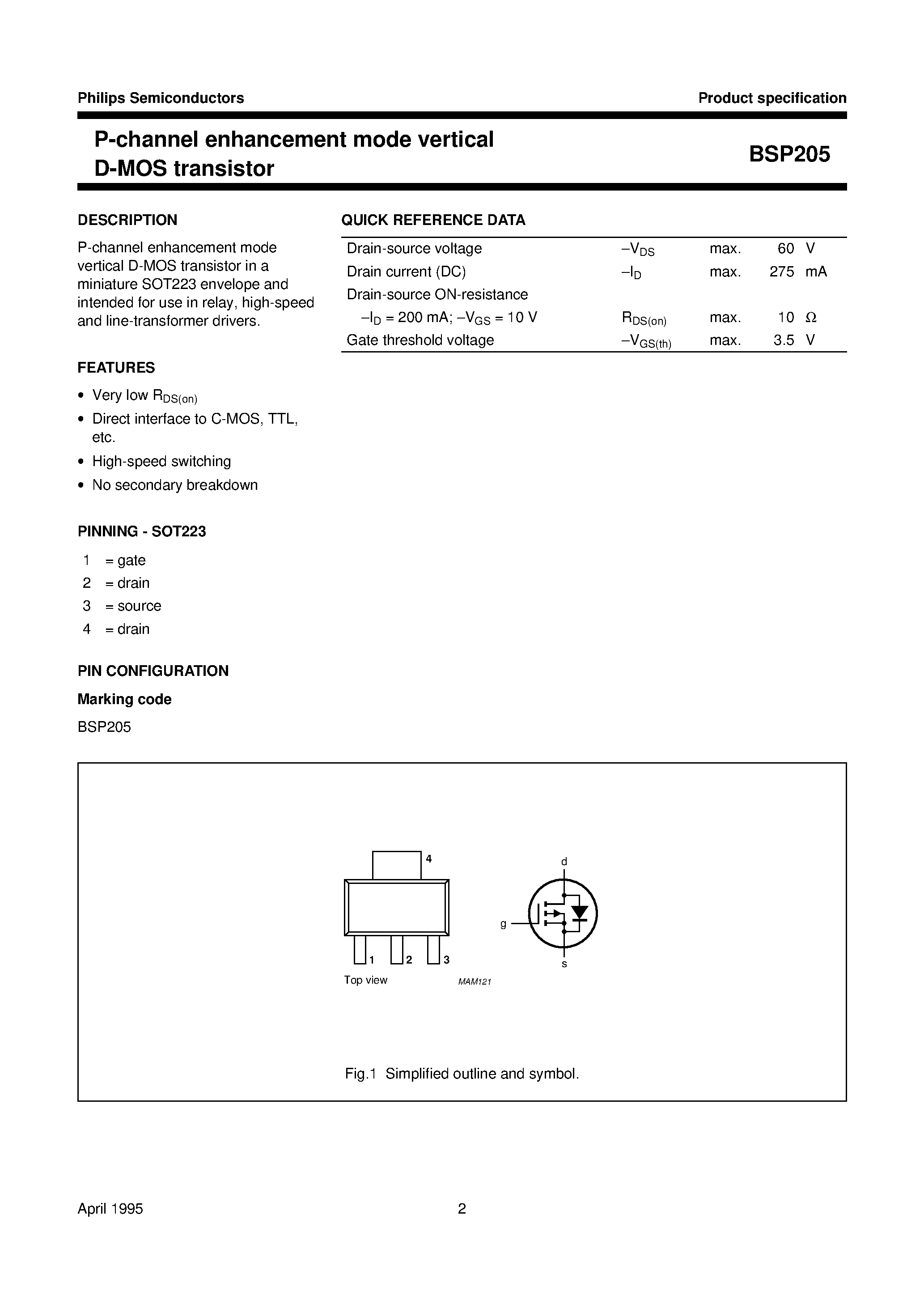 Даташит BSP205 - P-channel enhancement mode vertical D-MOS transistor страница 2