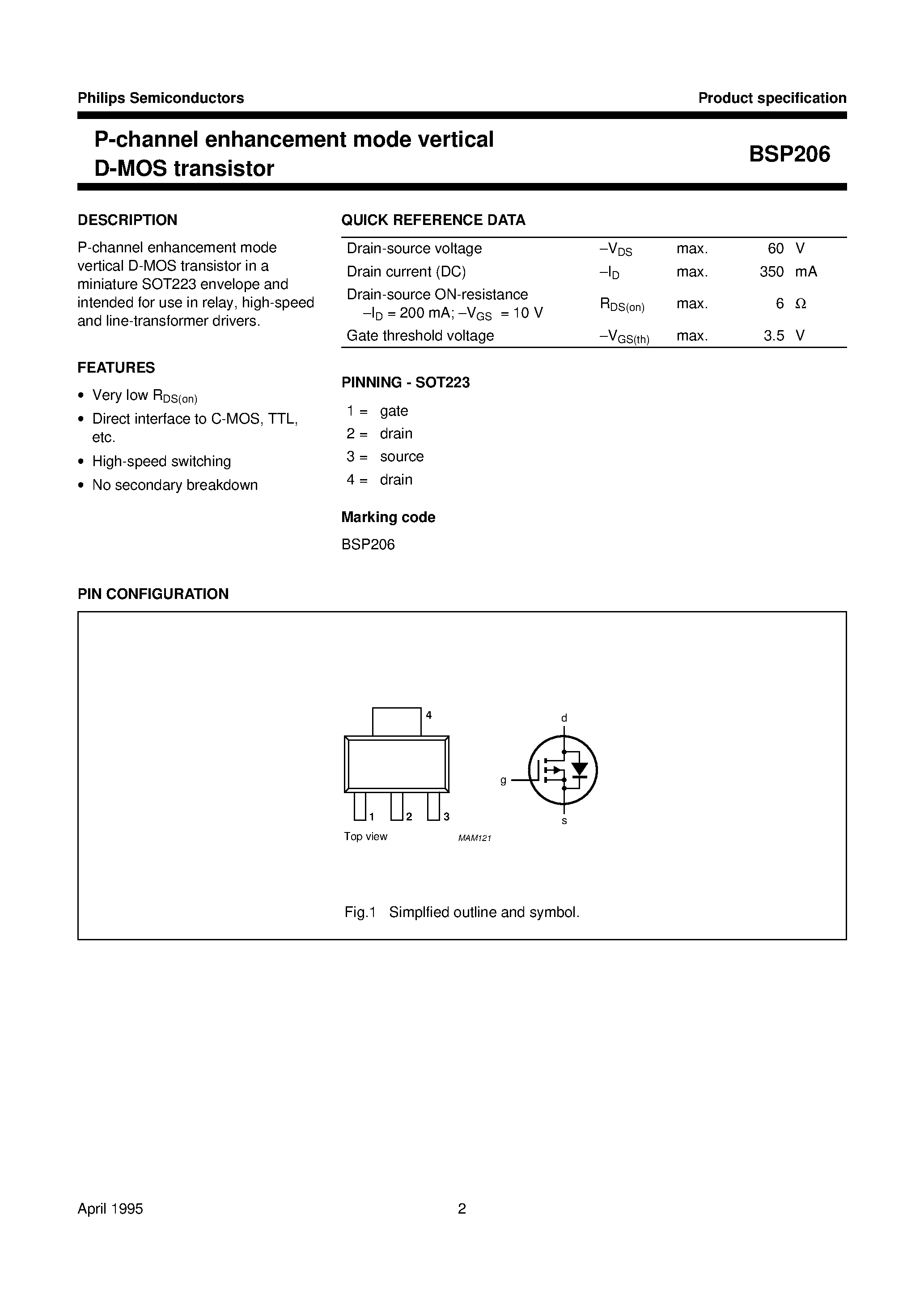 Даташит BSP206 - P-channel enhancement mode vertical D-MOS transistor страница 2