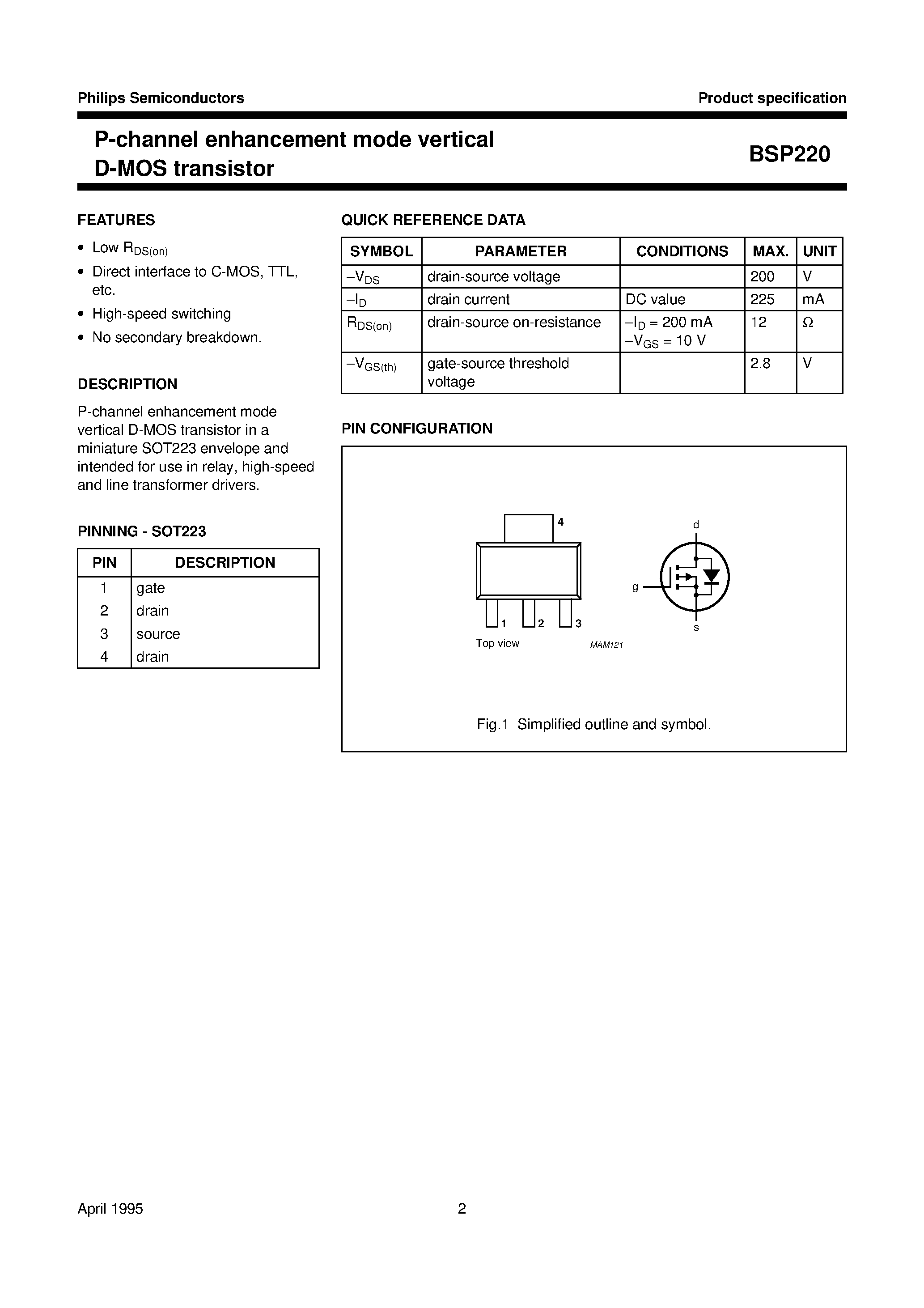 Datasheet BSP220 - P-channel enhancement mode vertical D-MOS transistor page 2