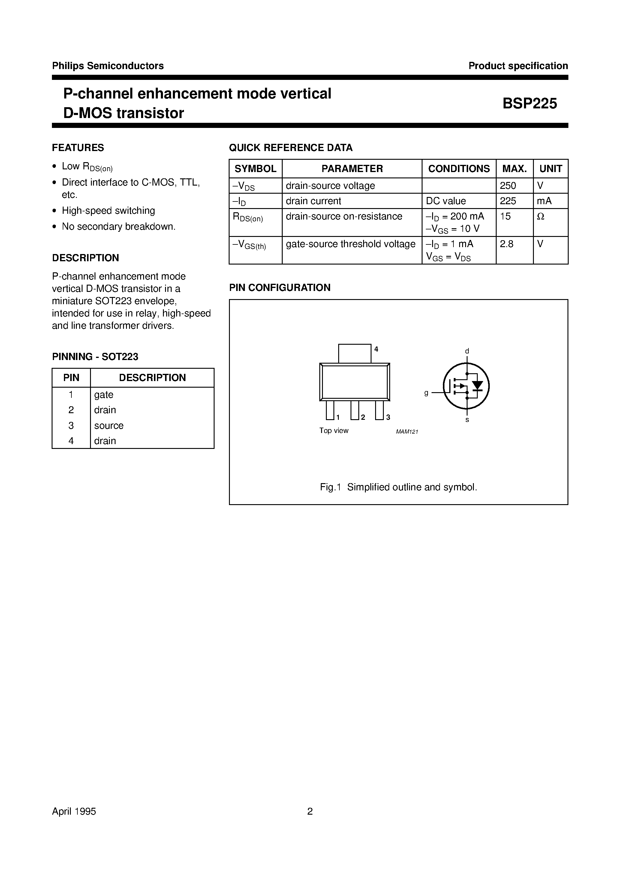 Даташит BSP225 - P-channel enhancement mode vertical D-MOS transistor страница 2