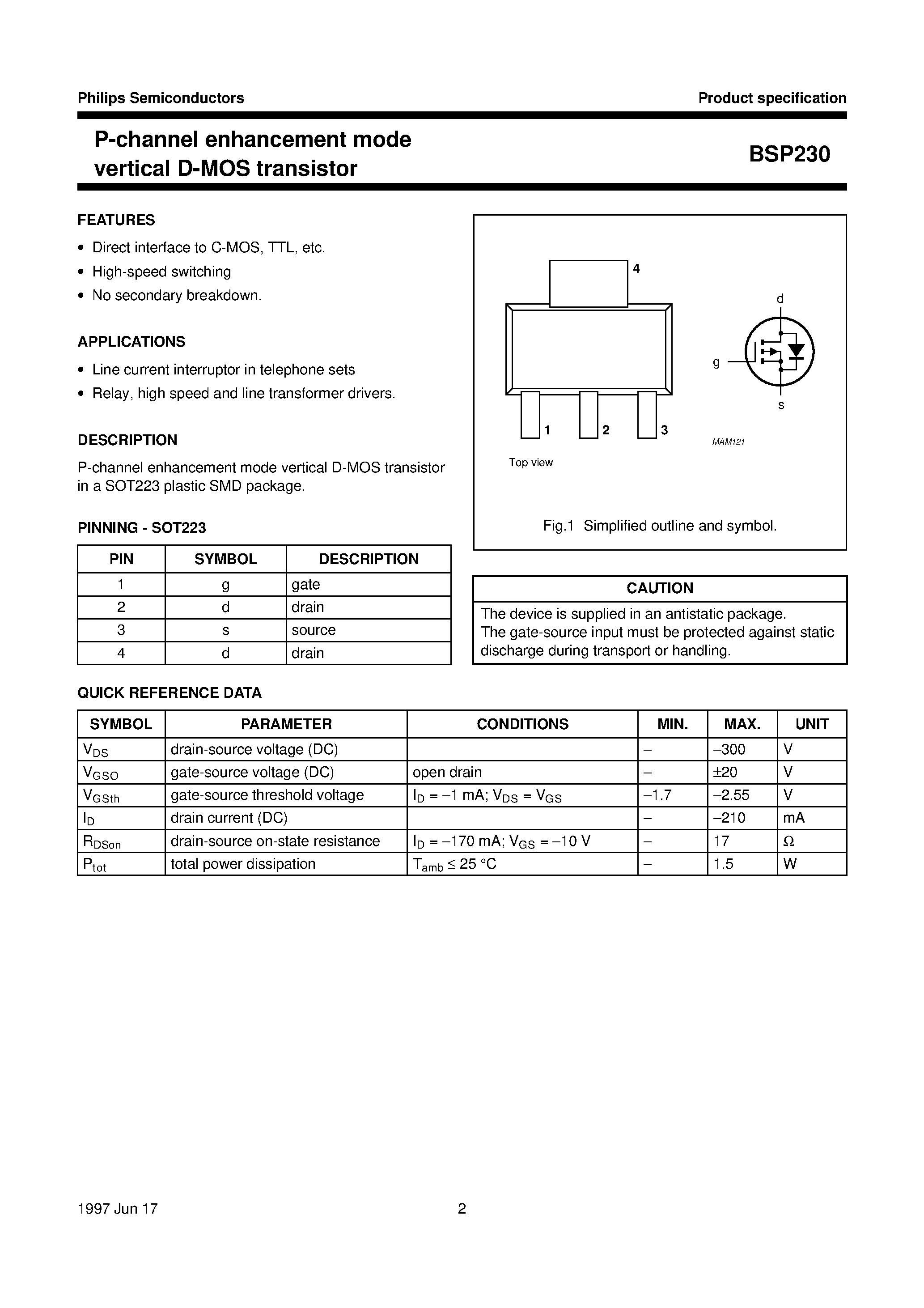 Даташит BSP230 - P-channel enhancement mode vertical D-MOS transistor страница 2