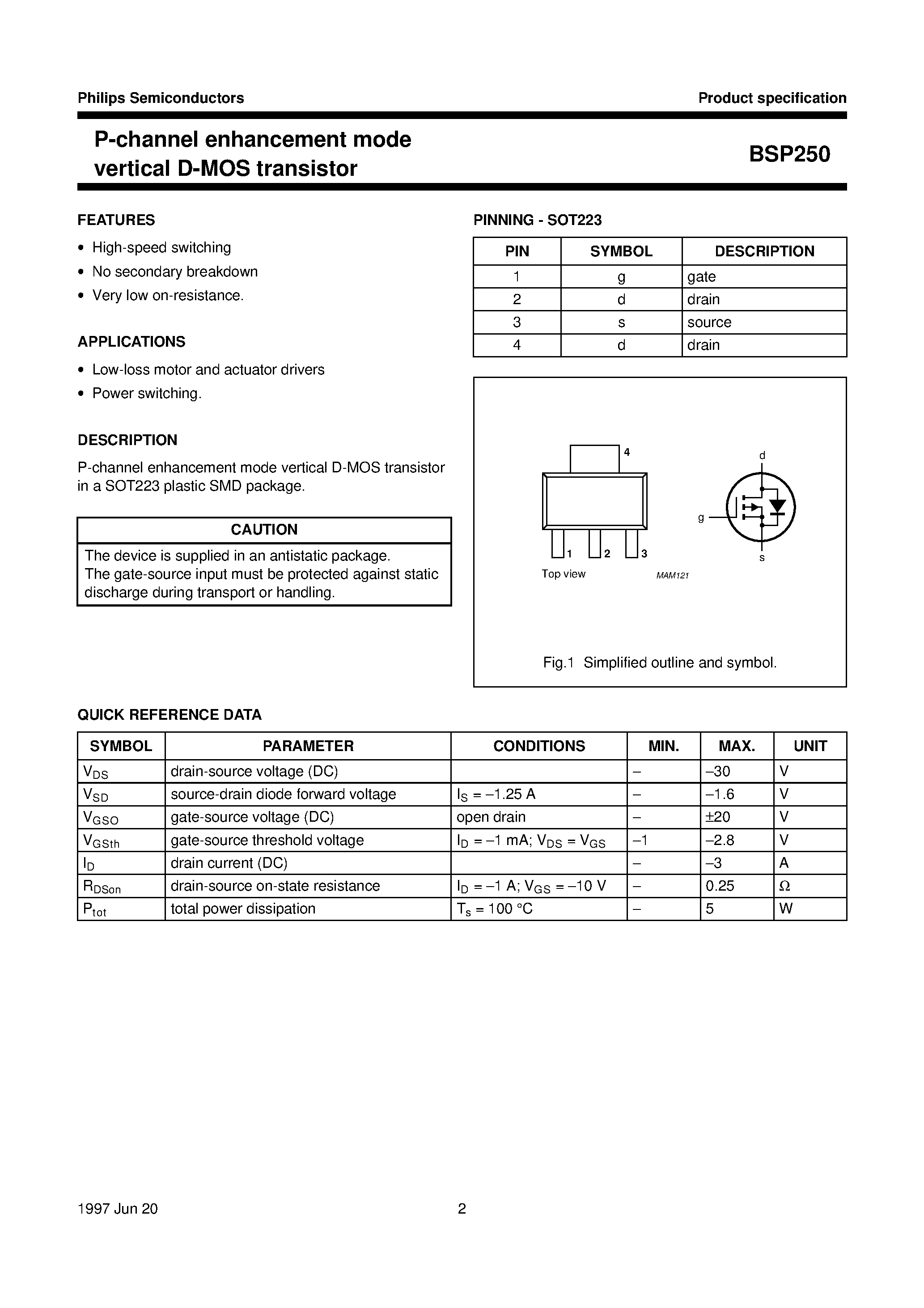 Даташит BSP250 - P-channel enhancement mode vertical D-MOS transistor страница 2