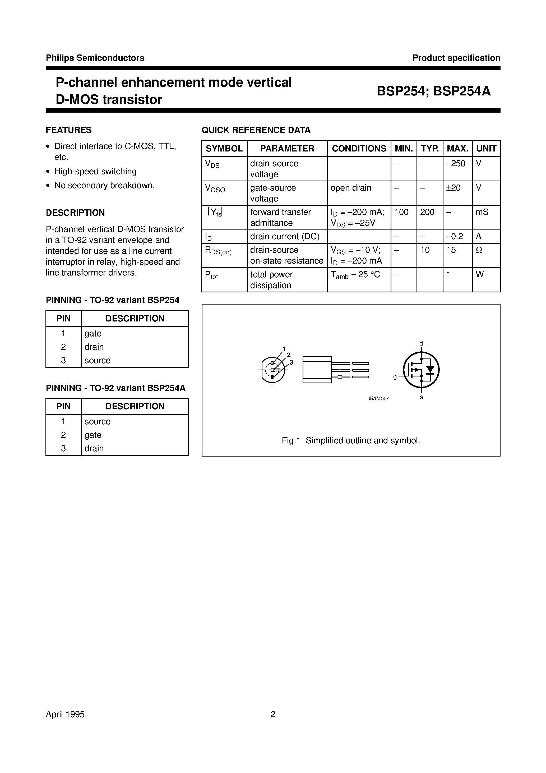 Даташит BSP254 - P-channel enhancement mode vertical D-MOS transistor страница 2