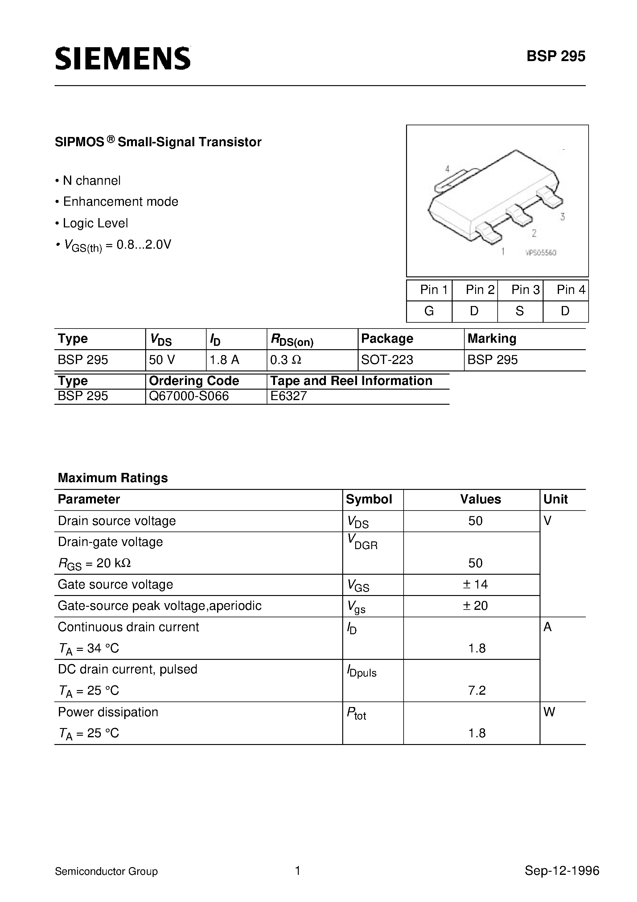 Datasheet BSP295 - SIPMOS Small-Signal Transistor (N channel Enhancement mode Logic Level) page 1