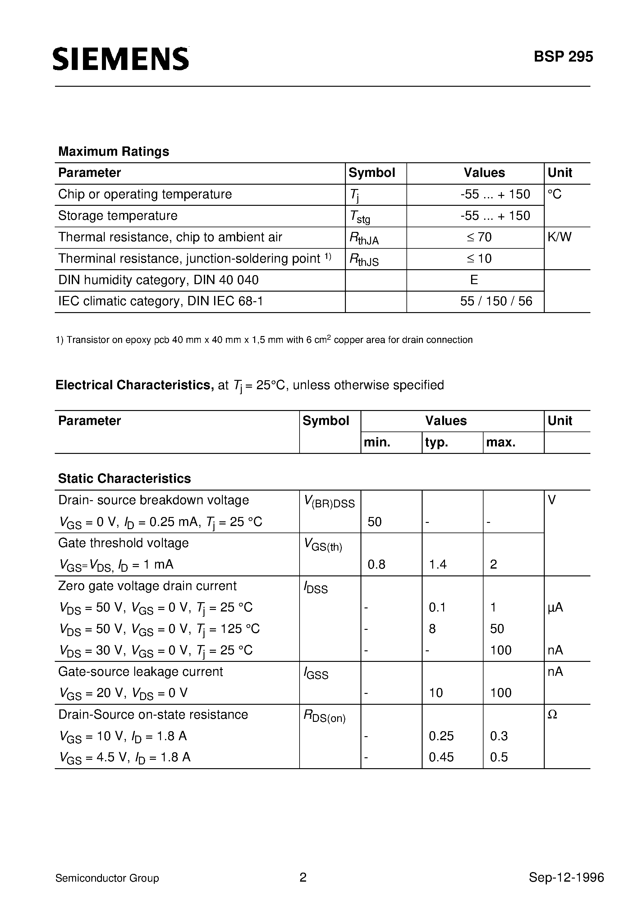 Datasheet BSP295 - SIPMOS Small-Signal Transistor (N channel Enhancement mode Logic Level) page 2