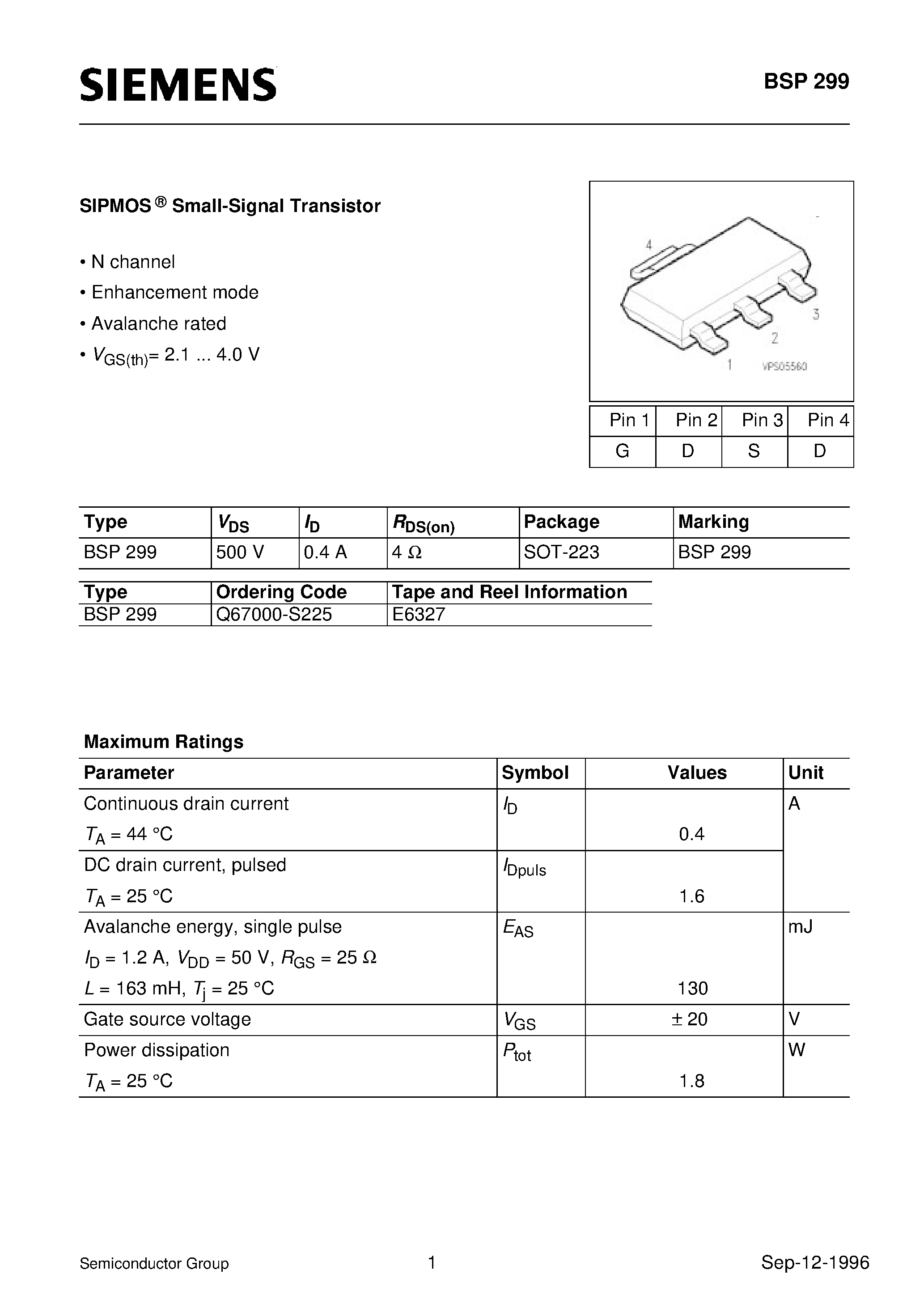 Datasheet BSP299 - SIPMOS Small-Signal Transistor (N channel Enhancement mode Avalanche rated) page 1