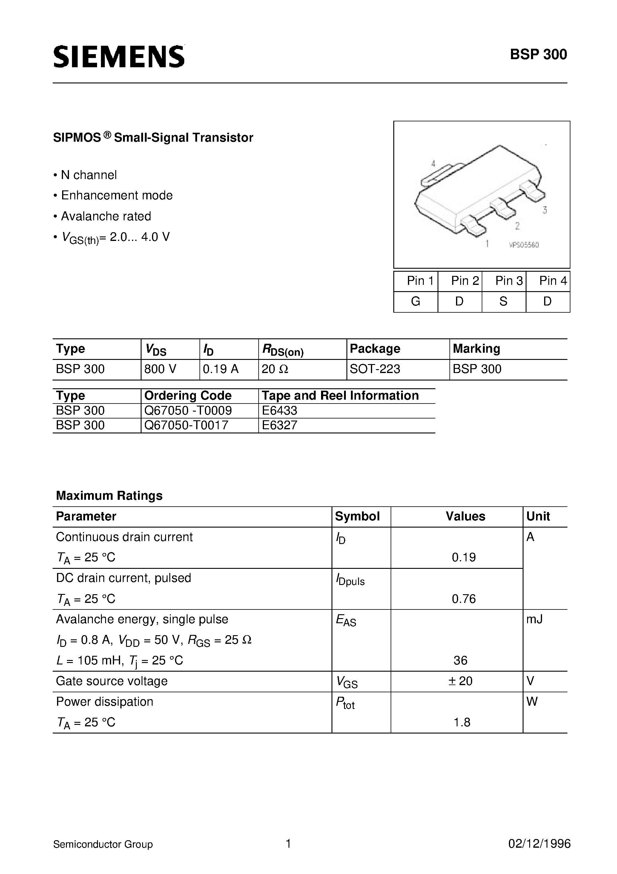 Datasheet BSP300 - SIPMOS Small-Signal Transistor (N channel Enhancement mode Avalanche rated) page 1