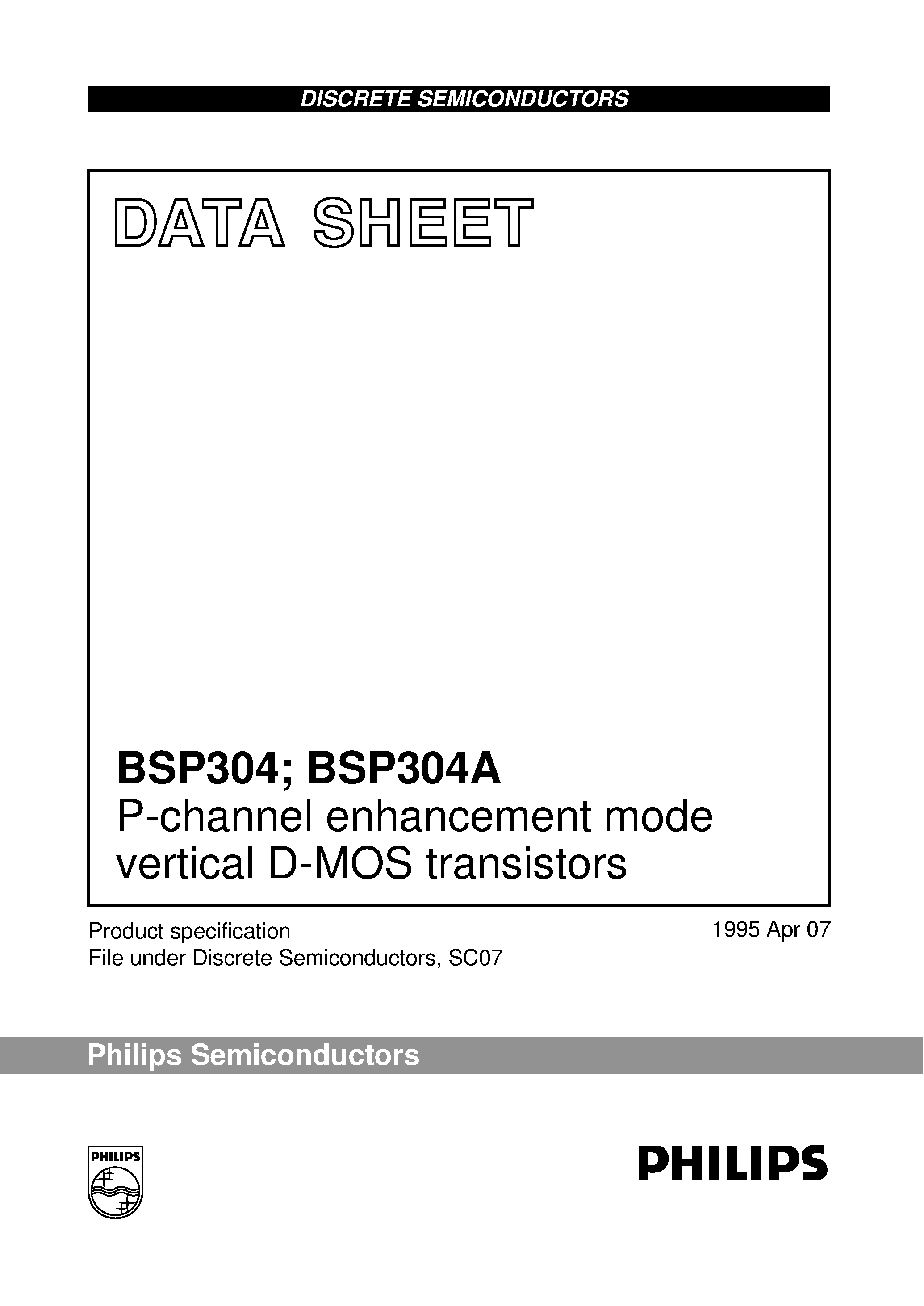 Datasheet BSP304 page 1 Datasheet BSP304 - P-channel enhancement mode vertical D-MOS transistors page 1