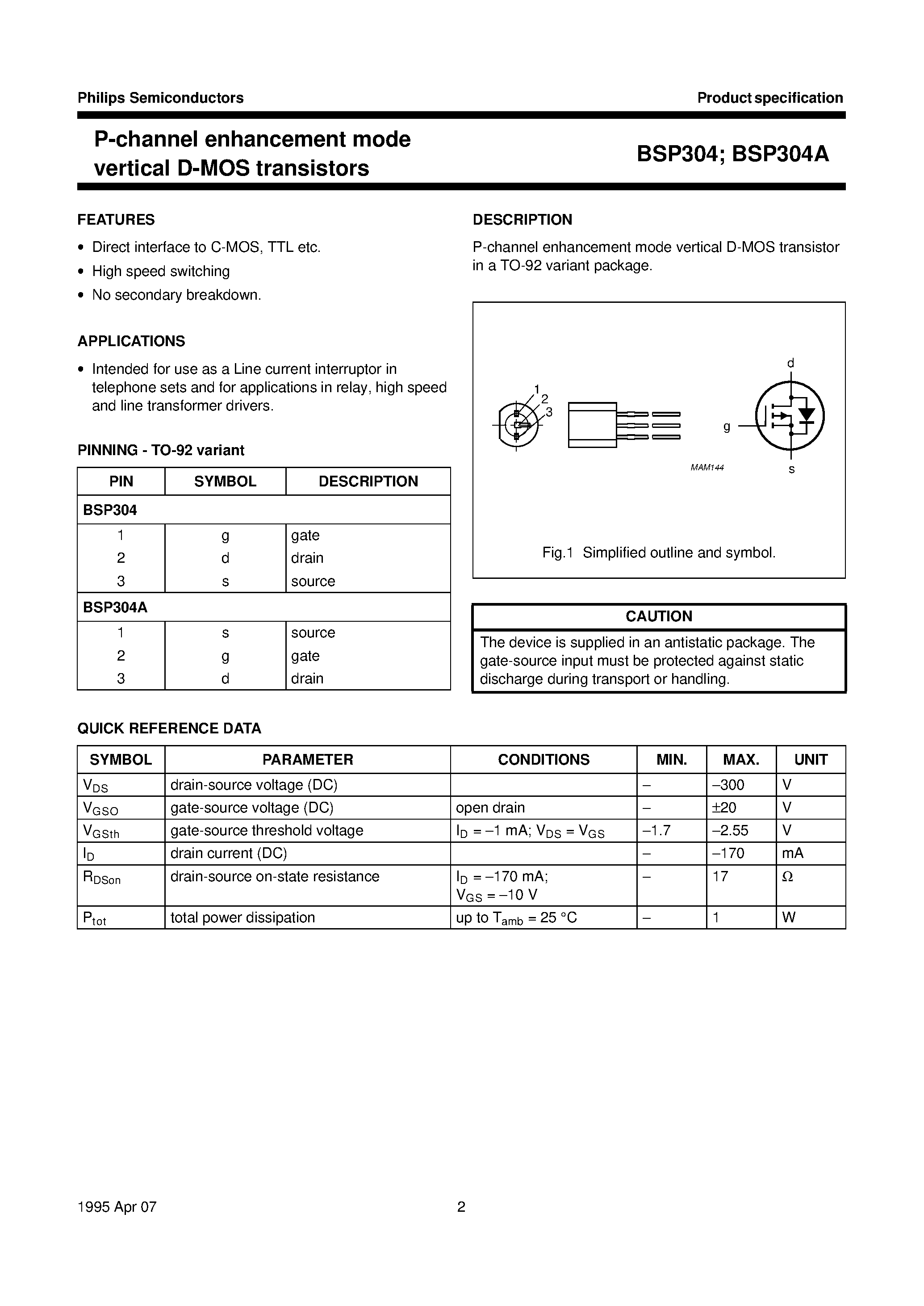 Datasheet BSP304 page 2 Datasheet BSP304 - P-channel enhancement mode vertical D-MOS transistors page 2