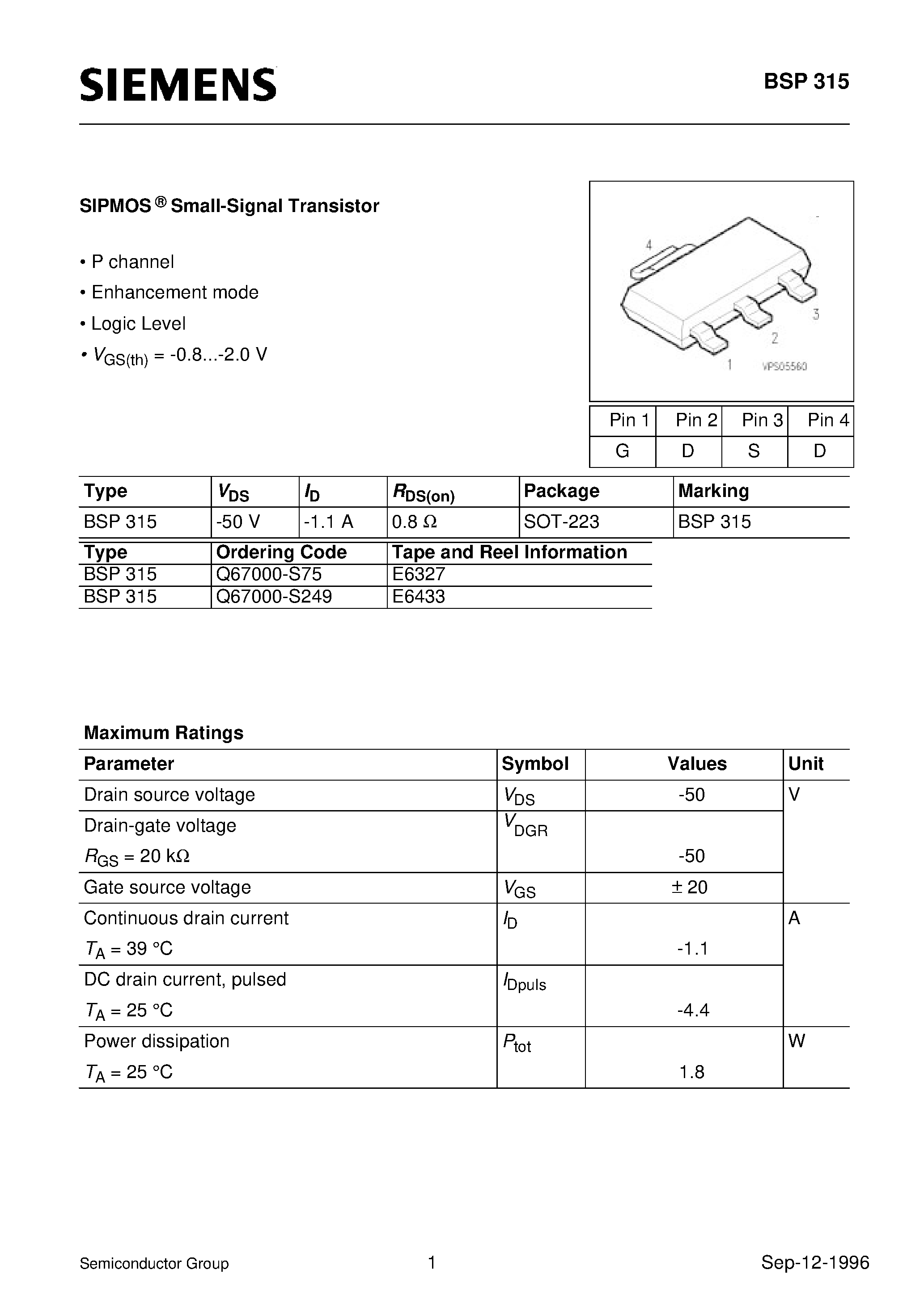 Даташит BSP315 - SIPMOS Small-Signal Transistor (P channel Enhancement mode Logic Level) страница 1