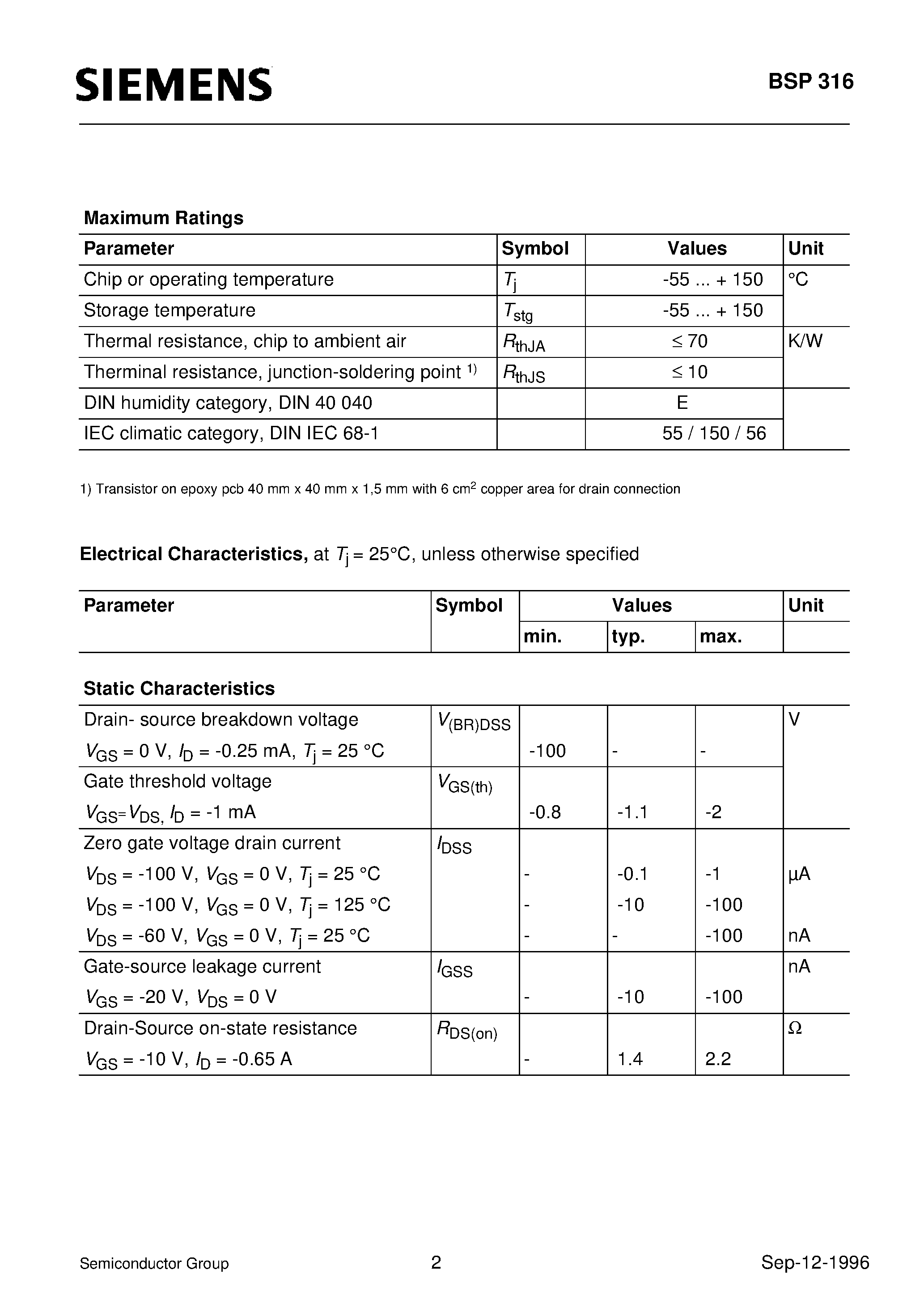 Даташит BSP316 - SIPMOS Small-Signal Transistor (P channel Enhancement mode Logic Level) страница 2