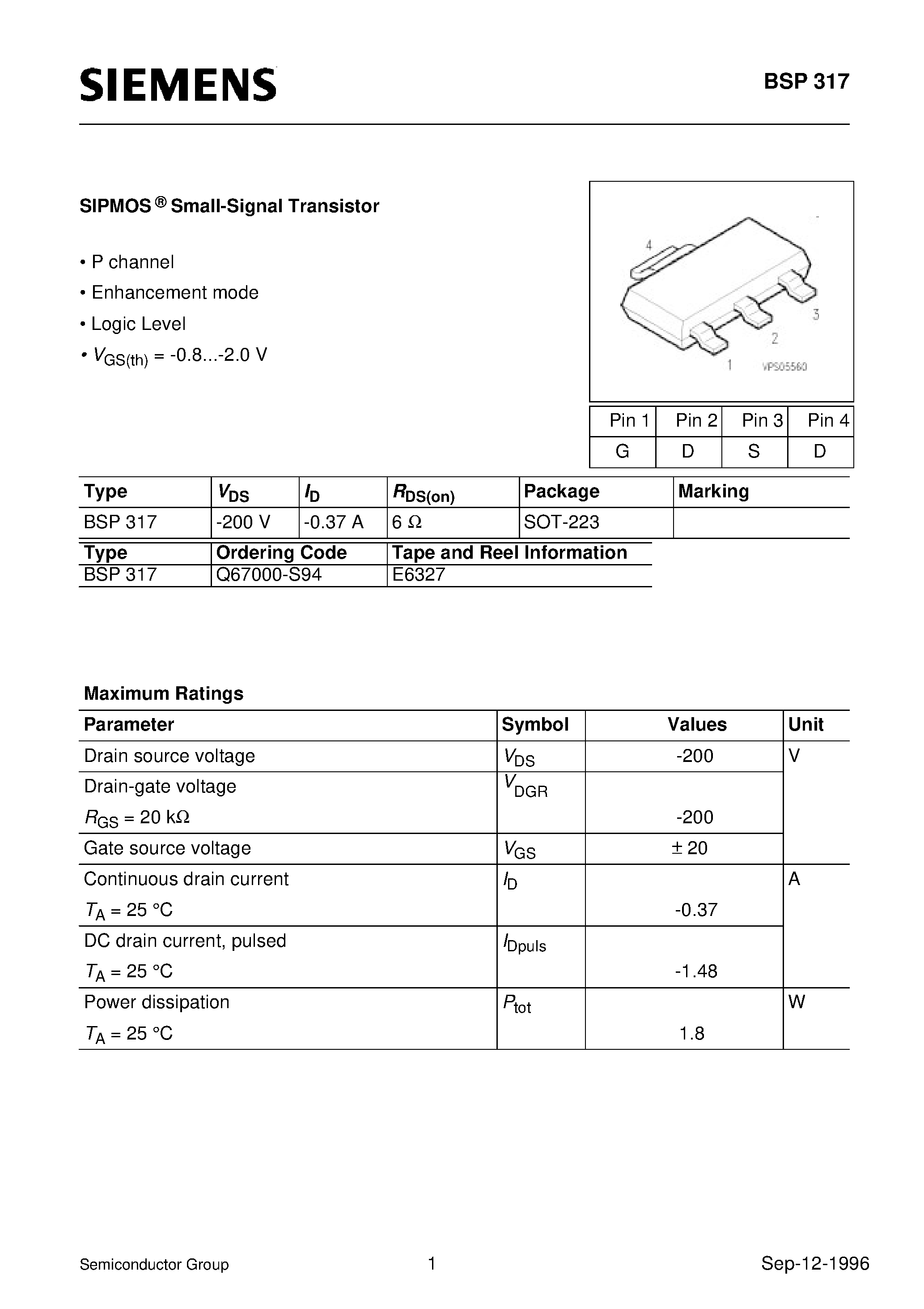 Даташит BSP317 - SIPMOS Small-Signal Transistor (P channel Enhancement mode Logic Level) страница 1