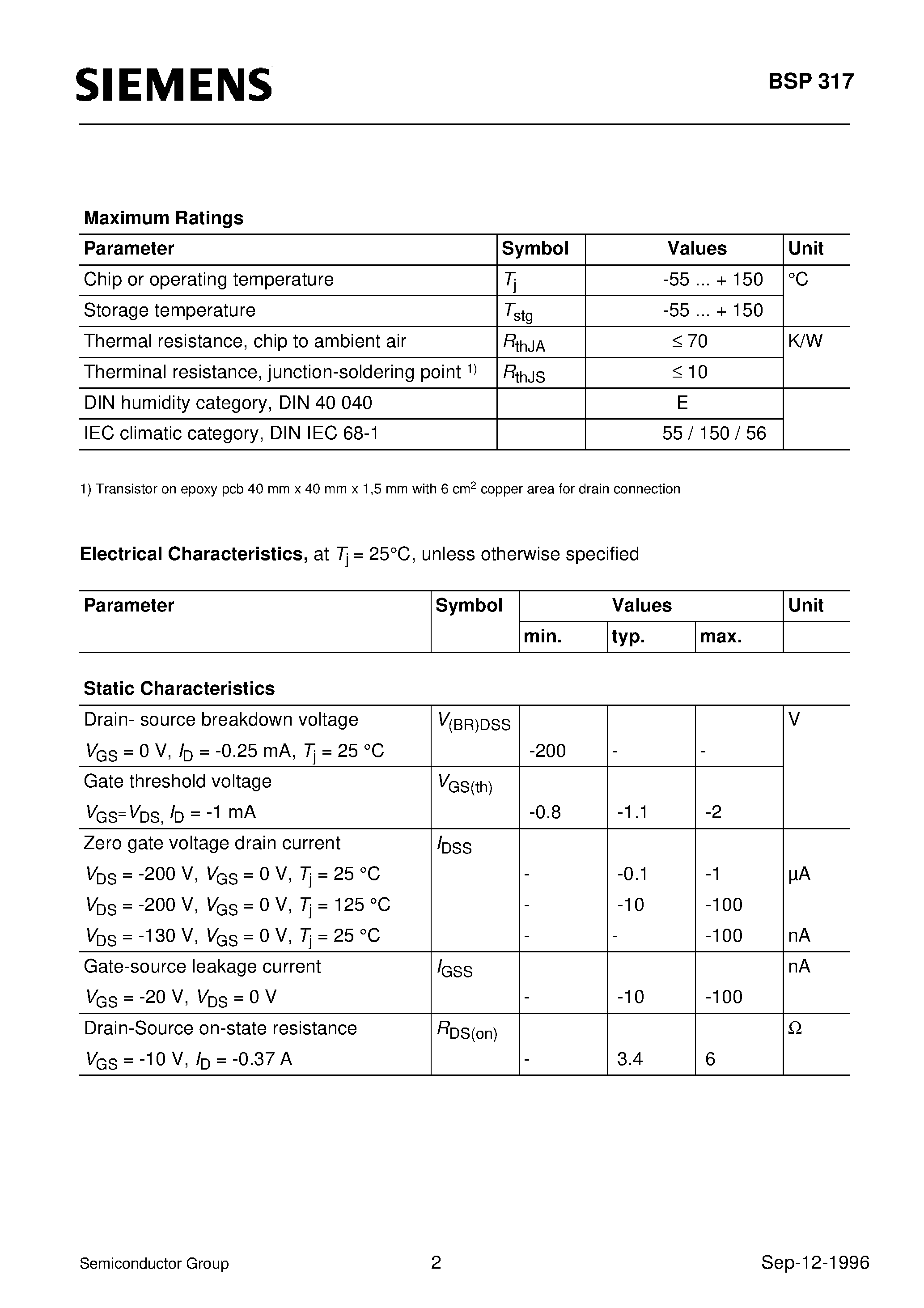 Даташит BSP317 - SIPMOS Small-Signal Transistor (P channel Enhancement mode Logic Level) страница 2