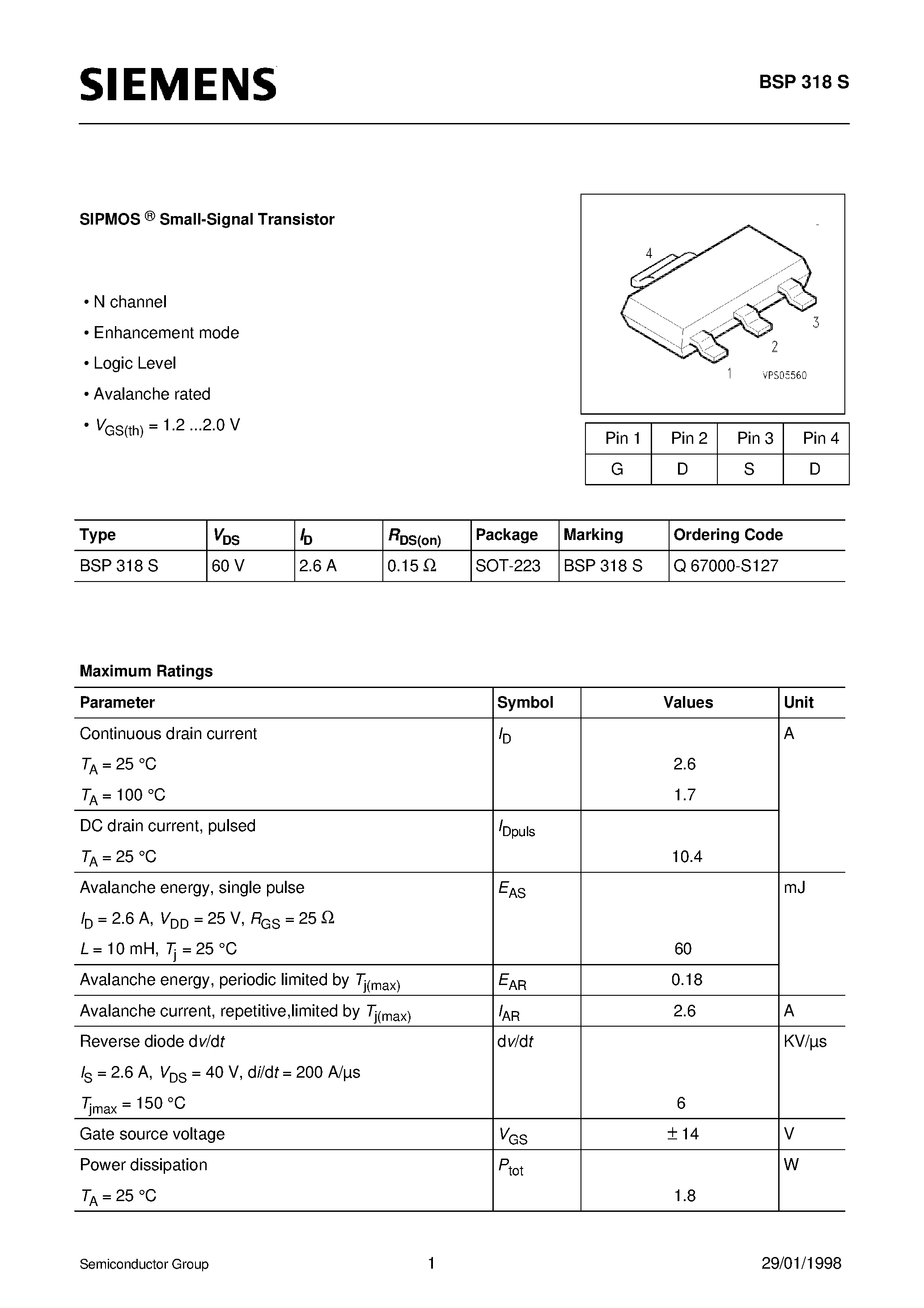 Datasheet BSP318S - SIPMOS Small-Signal Transistor(N channel Enhancement mode Logic Level Avalanche rated) page 1