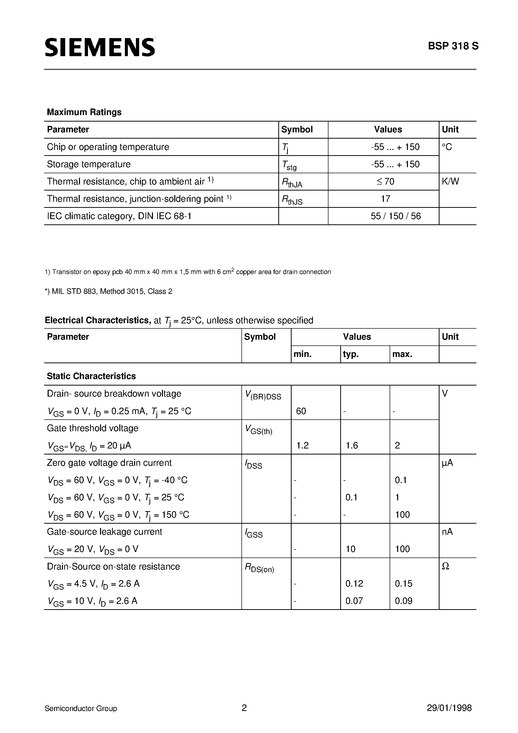 Datasheet BSP318S - SIPMOS Small-Signal Transistor(N channel Enhancement mode Logic Level Avalanche rated) page 2