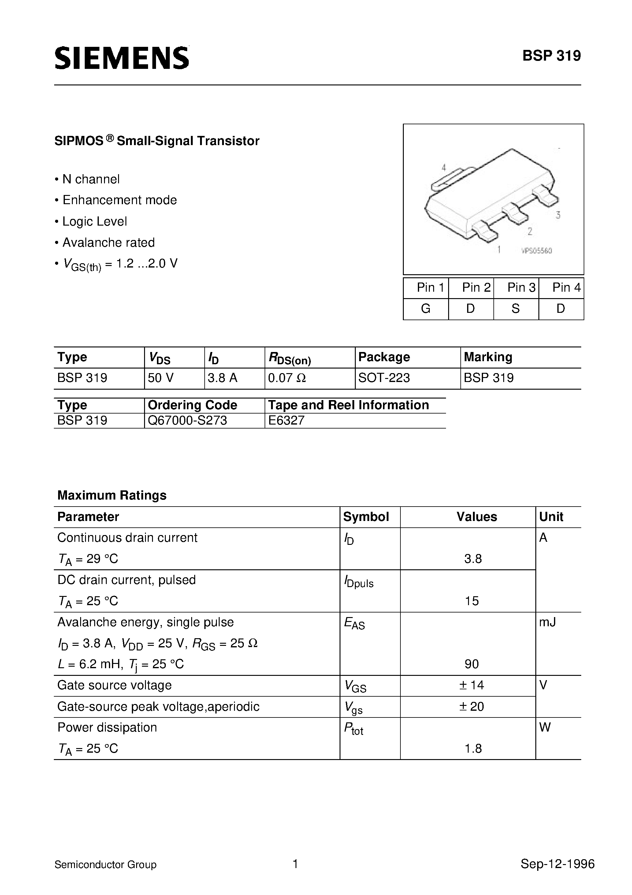 Datasheet BSP319 - SIPMOS Small-Signal Transistor (N channel Enhancement mode Logic Level Avalanche rated) page 1