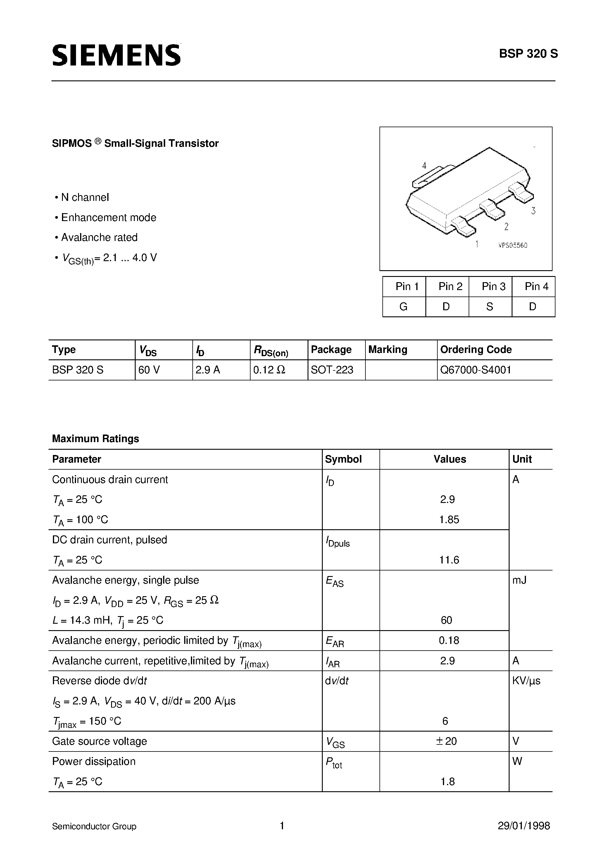 Datasheet BSP320 - SIPMOS Small-Signal Transistor (N channel Enhancement mode Avalanche rated) page 1