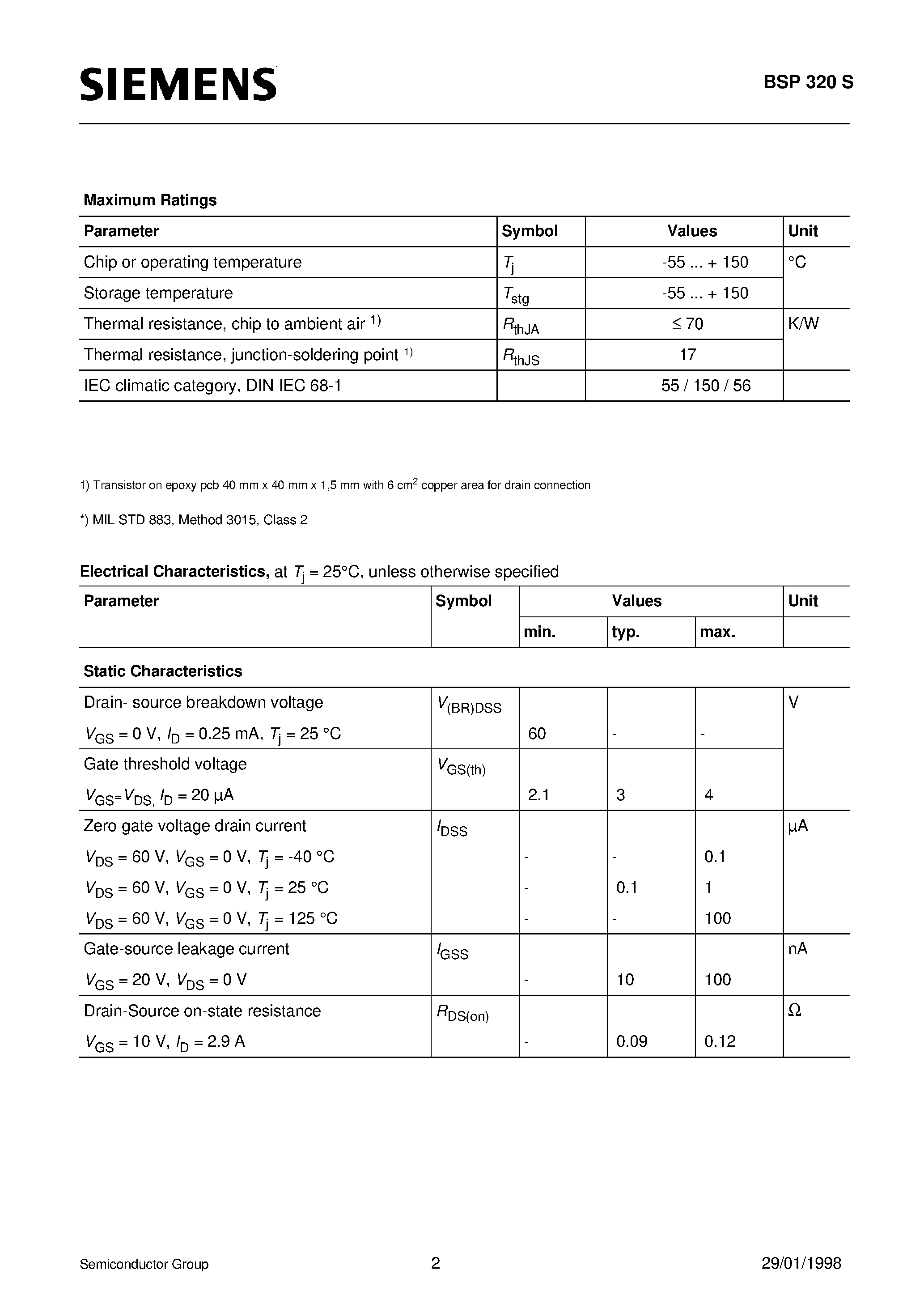 Datasheet BSP320S - SIPMOS Small-Signal Transistor (N channel Enhancement mode Avalanche rated) page 2