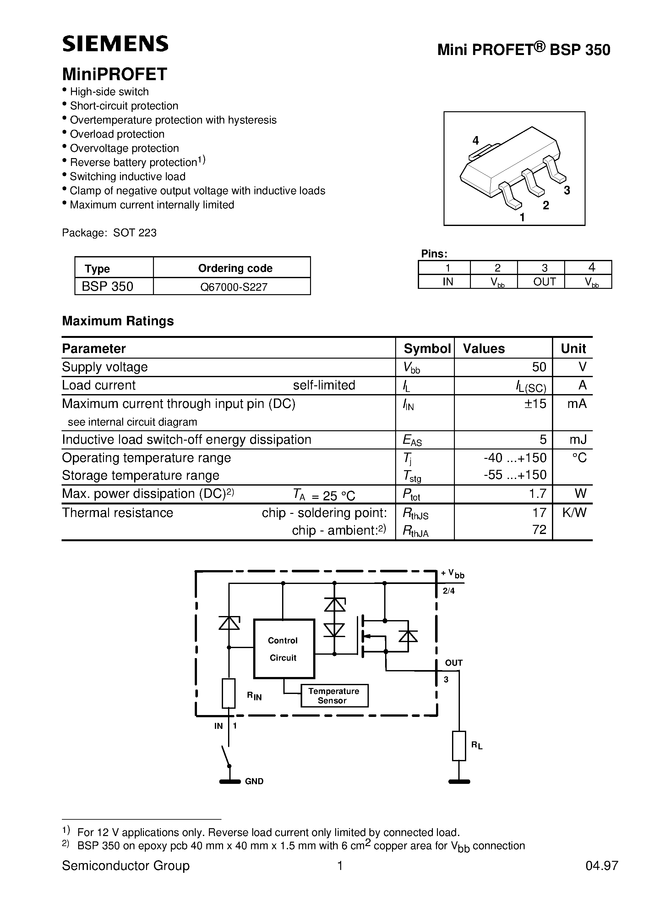 Даташит на микросхему BSP350 страница 1 Даташит BSP350 - MiniPROFET (High-side switch Short-circuit protection Overtemperature protection with hysteresis) страница 1