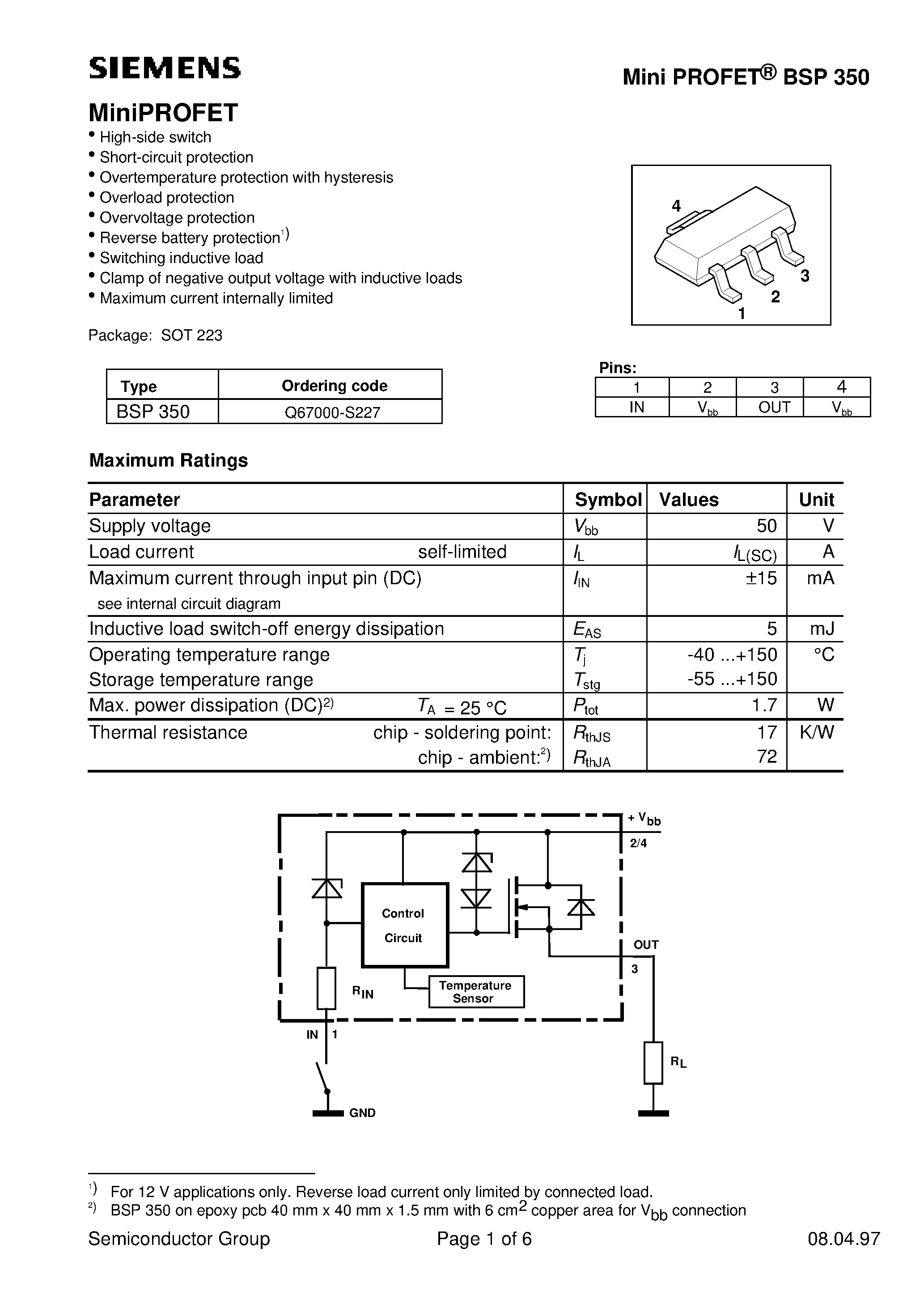 Даташит на микросхему BSP350 страница 1 Даташит BSP350 - MiniPROFET(High-side switch Short-circuit protection Overtemperature protection with hysteresis) страница 1